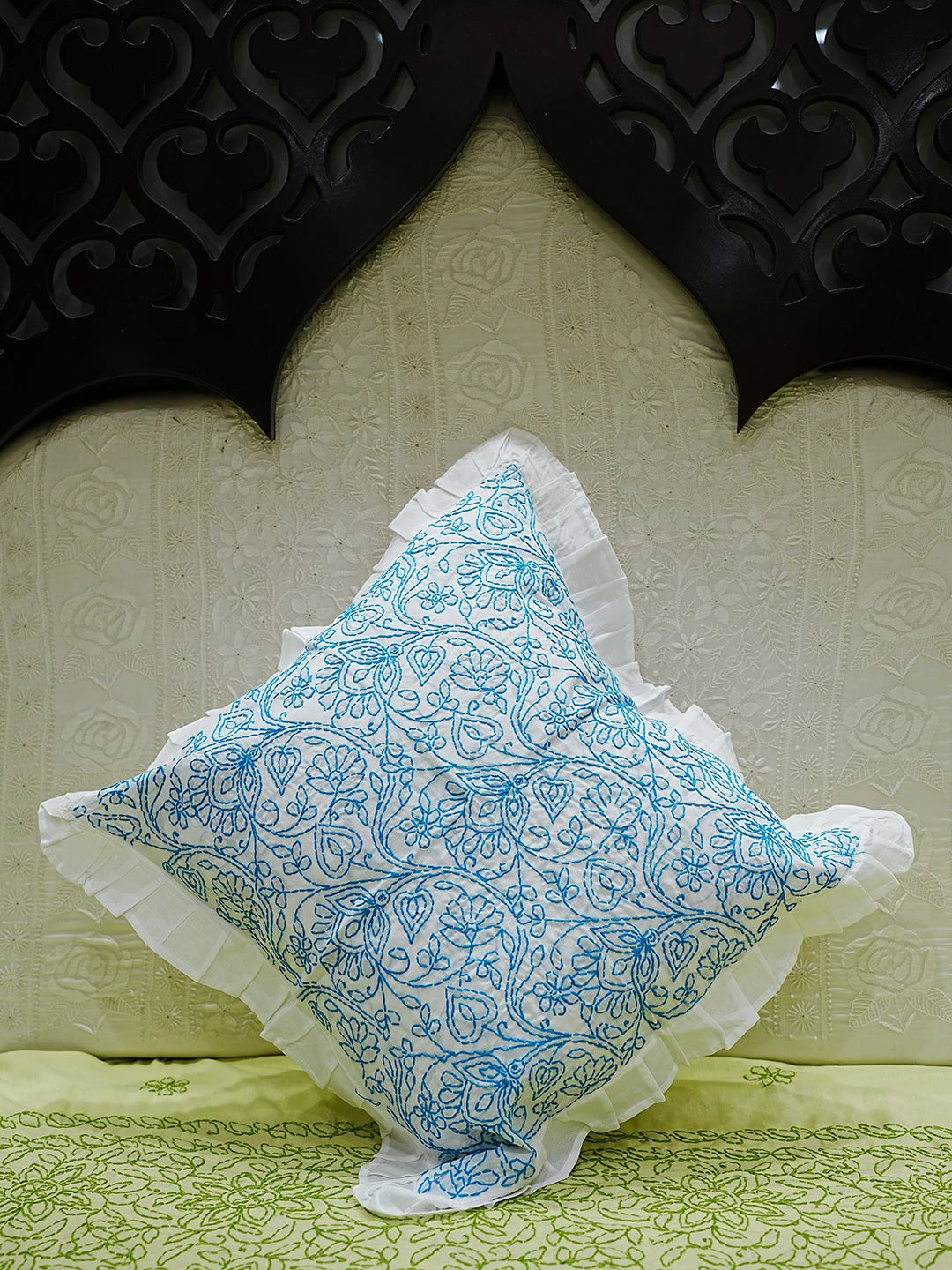 Ada Hand Embroidered White Cotton Lucknowi Chikankari Cushion Cover 01A505518