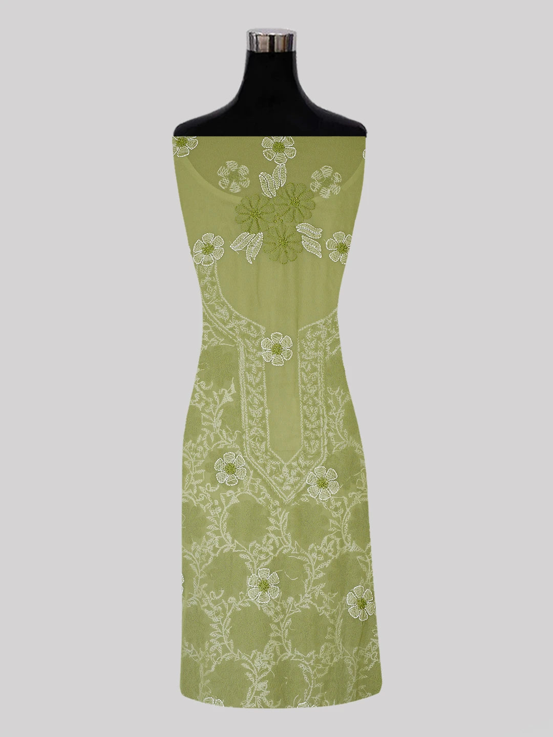 Ada Hand Embroidered Mehendi Green Georgette Lucknowi Chikankari Unstitched Suit Piece 01A545505