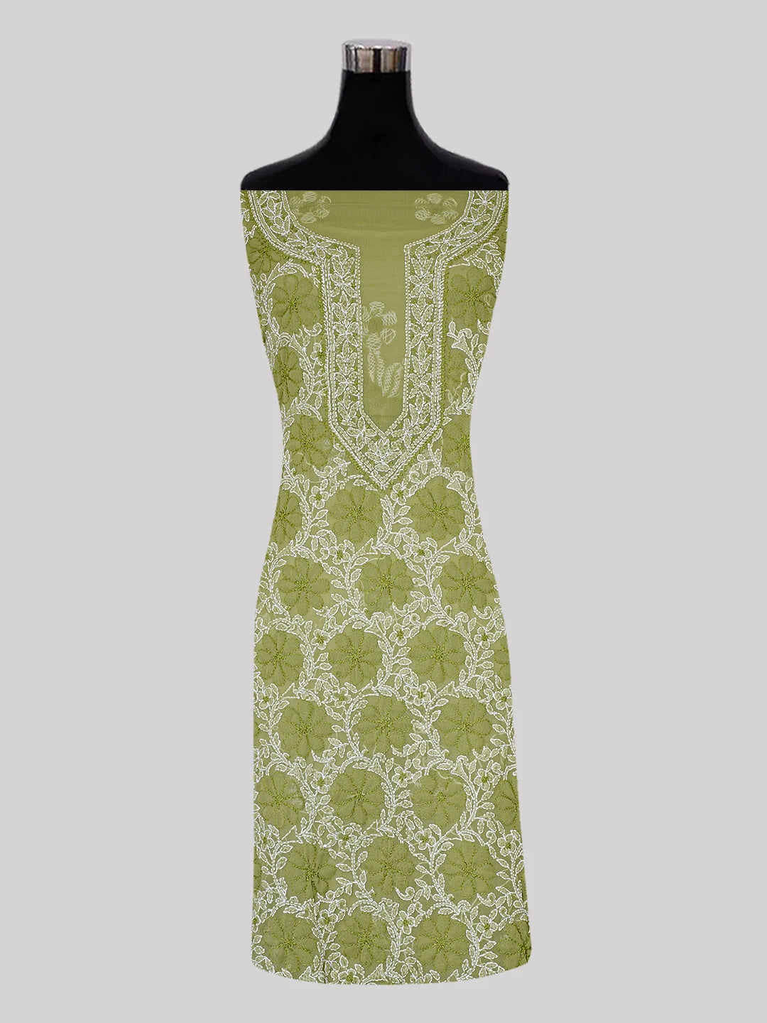 Ada Hand Embroidered Mehendi Green Georgette Lucknowi Chikankari Unstitched Suit Piece 01A545505