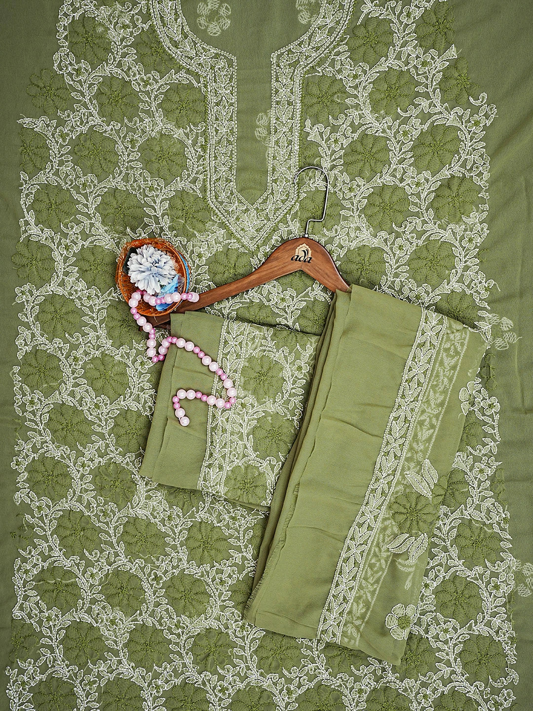 Ada Hand Embroidered Mehendi Green Georgette Lucknowi Chikankari Unstitched Suit Piece 01A545505