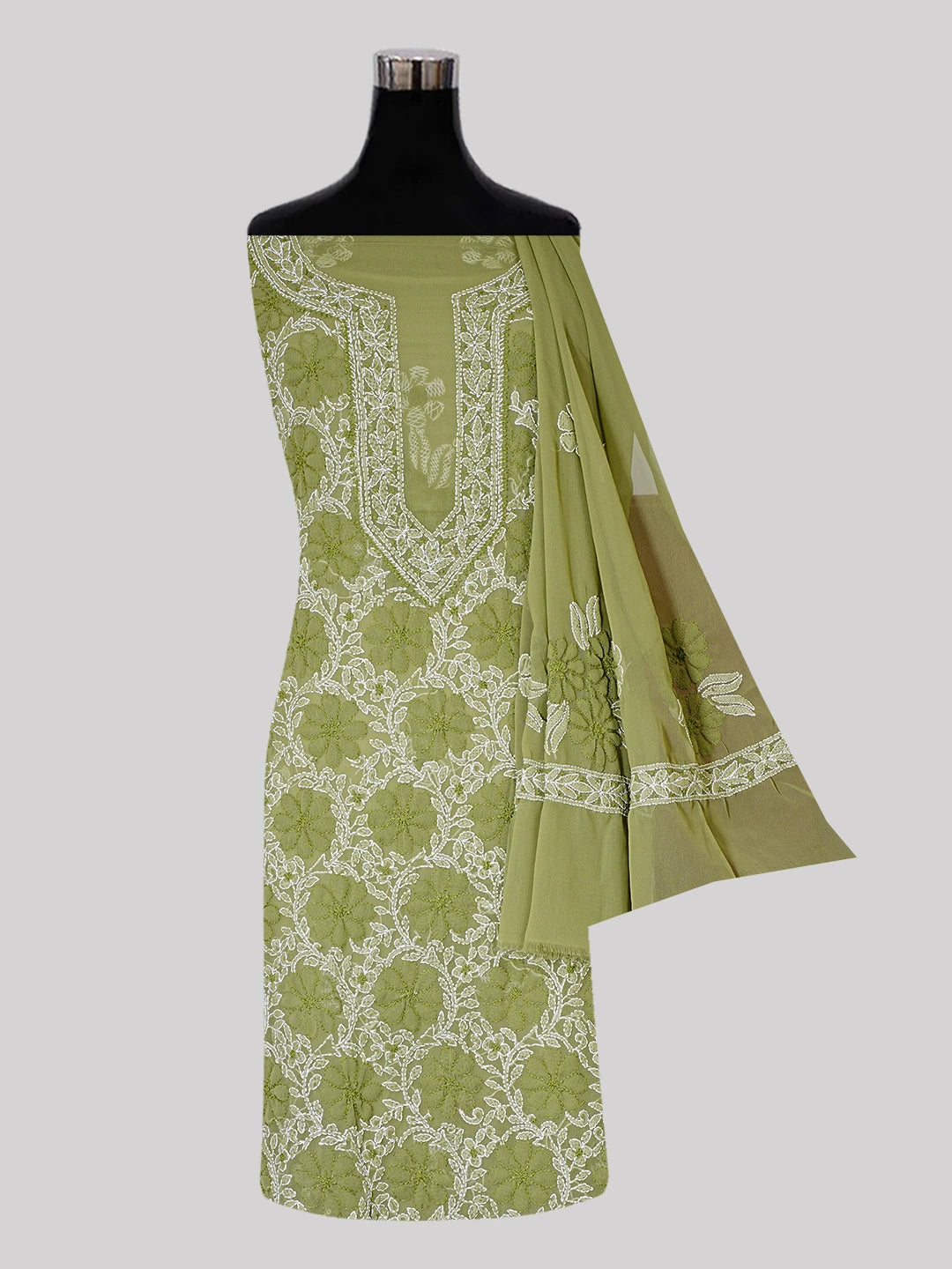 Ada Hand Embroidered Mehendi Green Georgette Lucknowi Chikankari Unstitched Suit Piece 01A545505