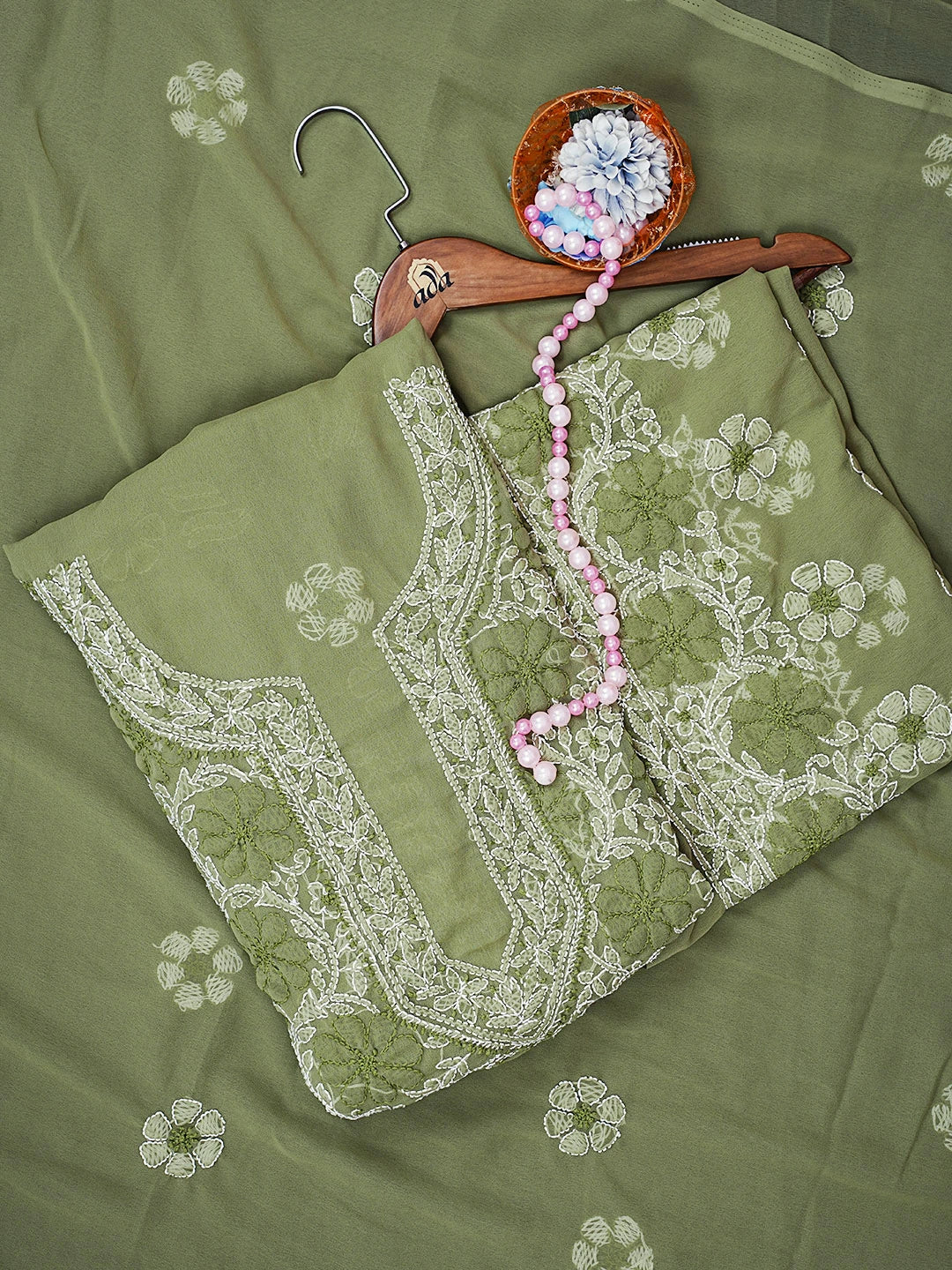 Ada Hand Embroidered Mehendi Green Georgette Lucknowi Chikankari Unstitched Suit Piece 01A545505