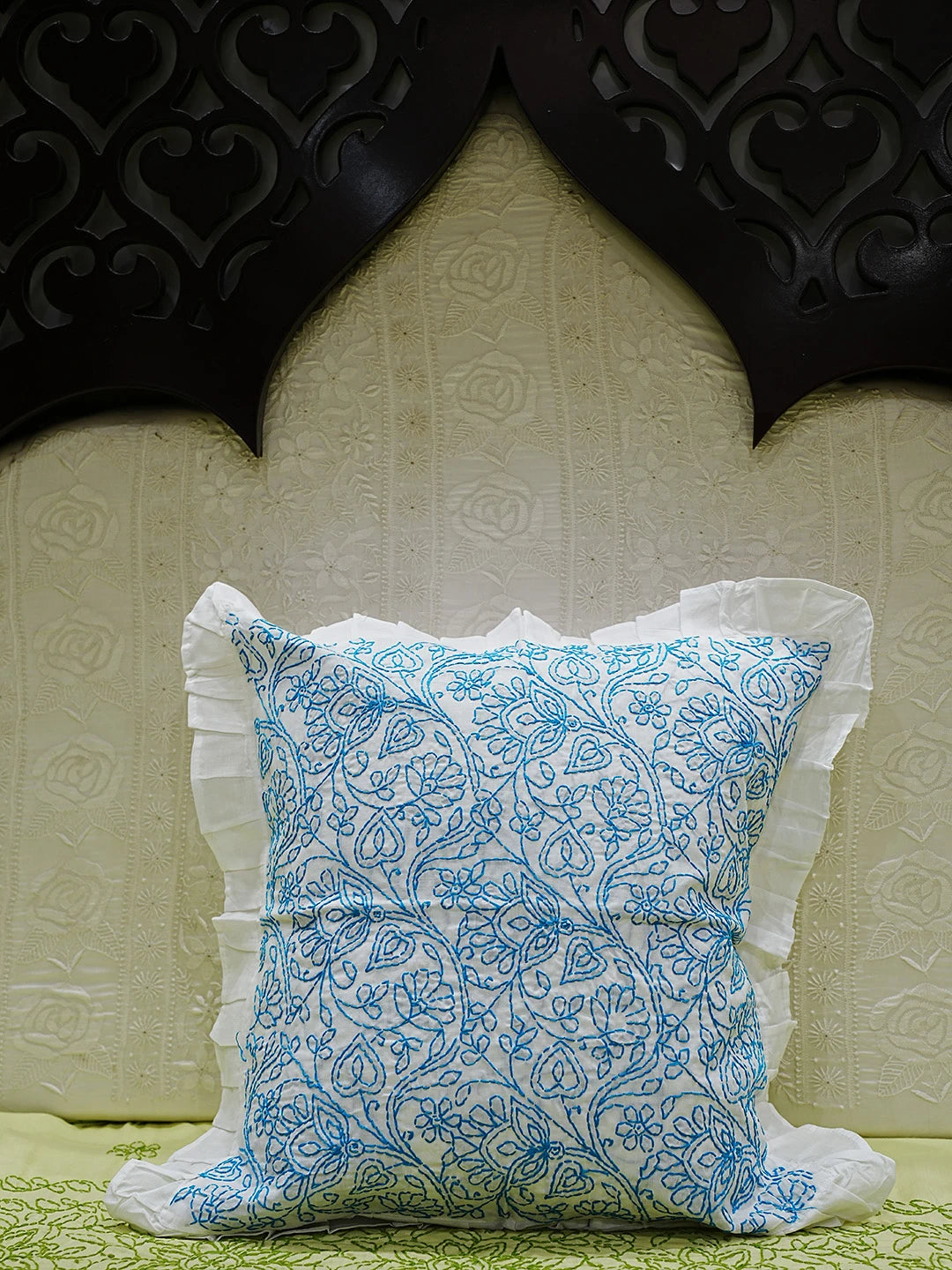 Ada Hand Embroidered White Cotton Lucknowi Chikankari Cushion Cover 01A505518