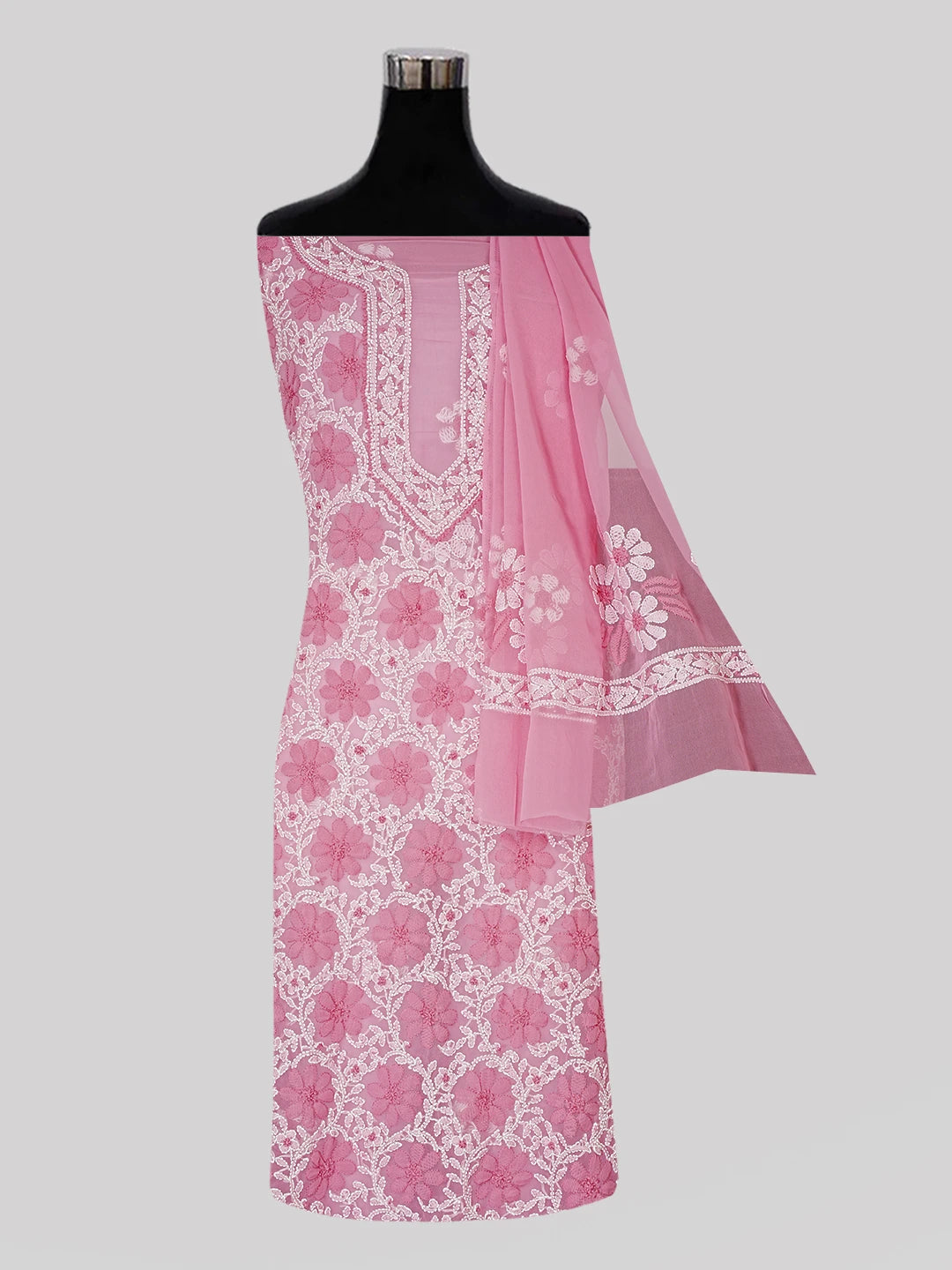 Ada Hand Embroidered Pink Georgette Lucknowi Chikankari Unstitched Suit Piece 01A545501
