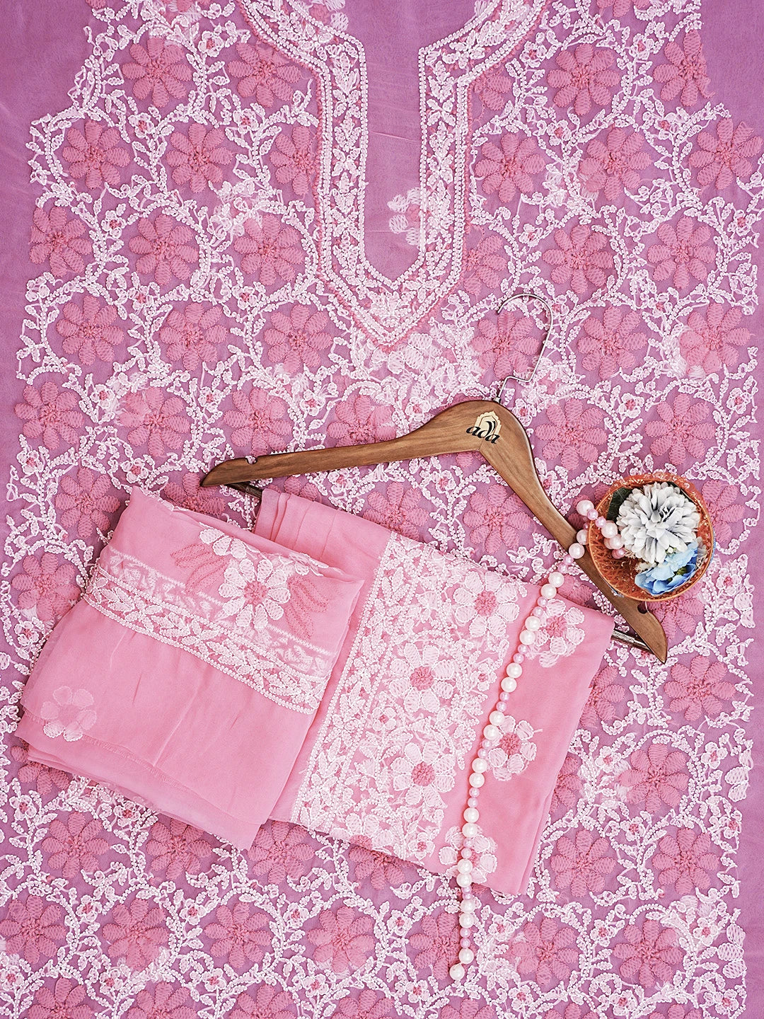 Ada Hand Embroidered Pink Georgette Lucknowi Chikankari Unstitched Suit Piece 01A545501