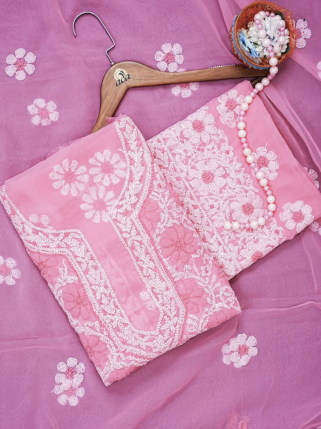 Ada Hand Embroidered Pink Georgette Lucknowi Chikankari Unstitched Suit Piece 01A545501