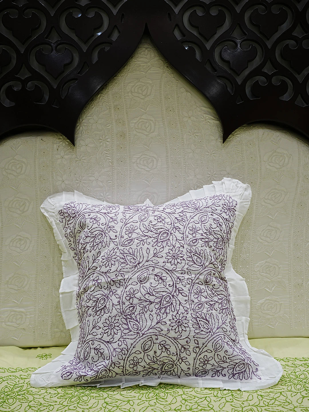 Ada Hand Embroidered White Cotton Lucknowi Chikankari Cushion Cover 01A505590