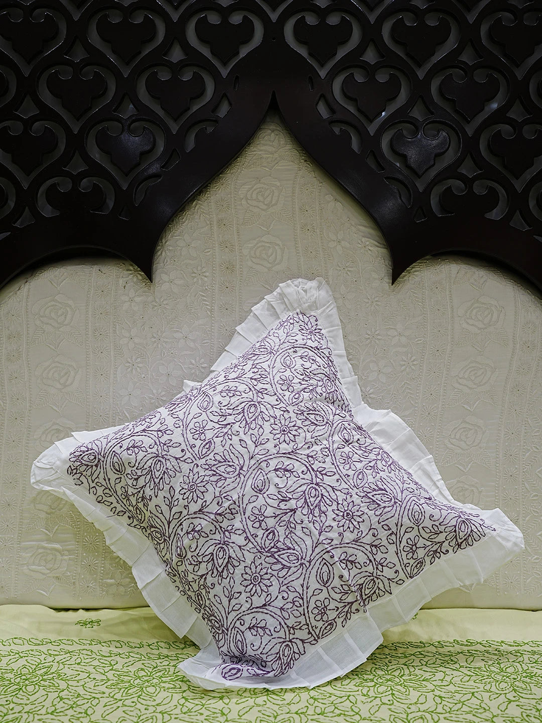 Ada Hand Embroidered White Cotton Lucknowi Chikankari Cushion Cover 01A505590