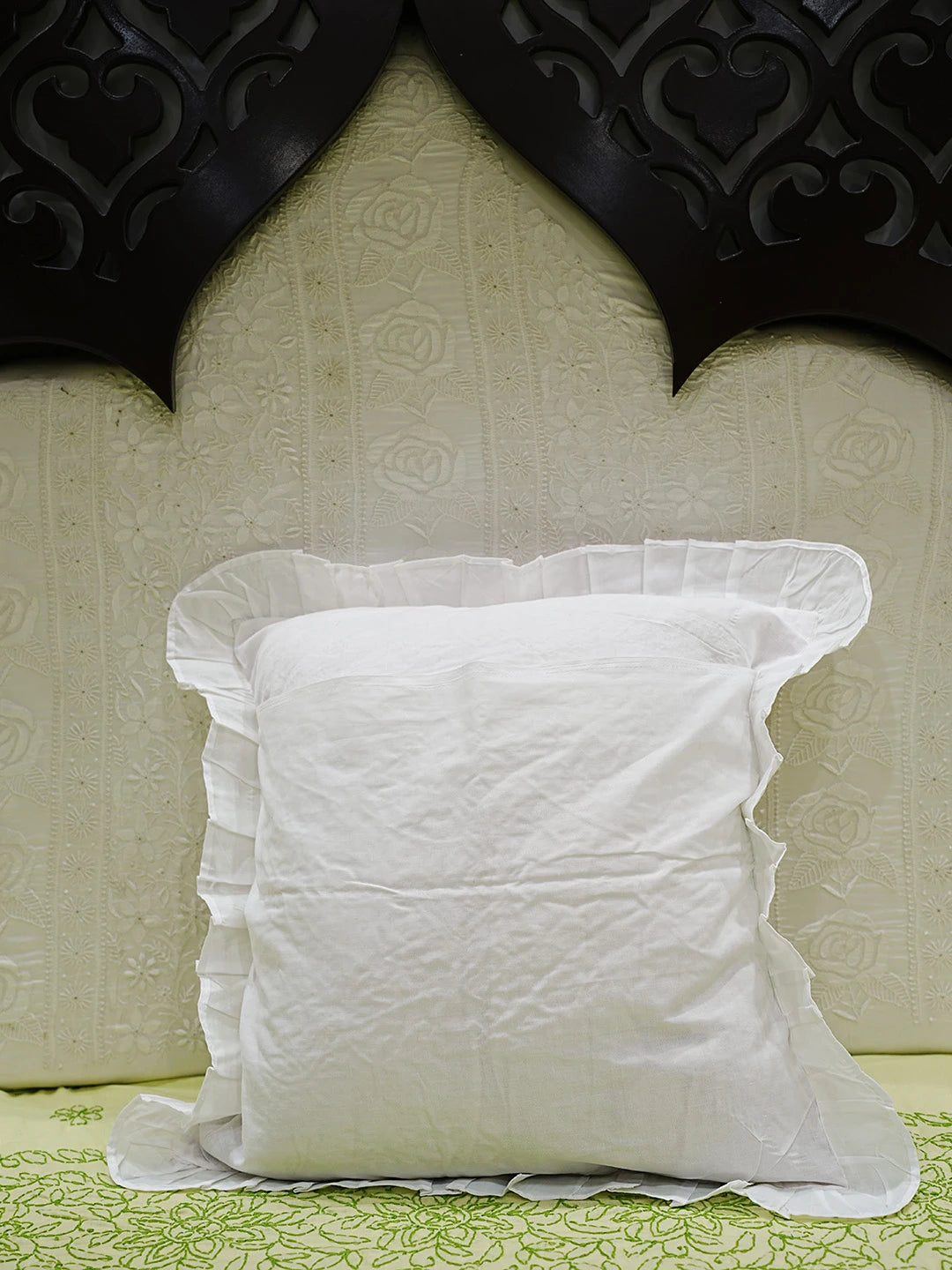 Ada Hand Embroidered White Cotton Lucknowi Chikankari Cushion Cover 01A505502