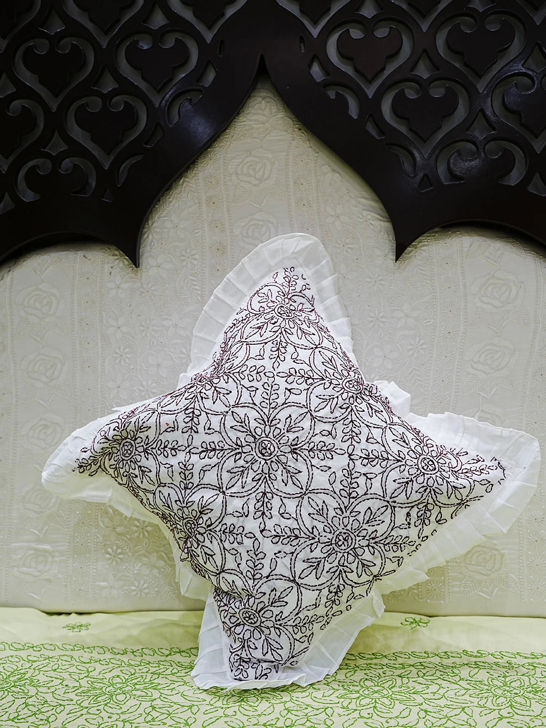 Ada Hand Embroidered White Cotton Lucknowi Chikankari Cushion Cover 01A505502