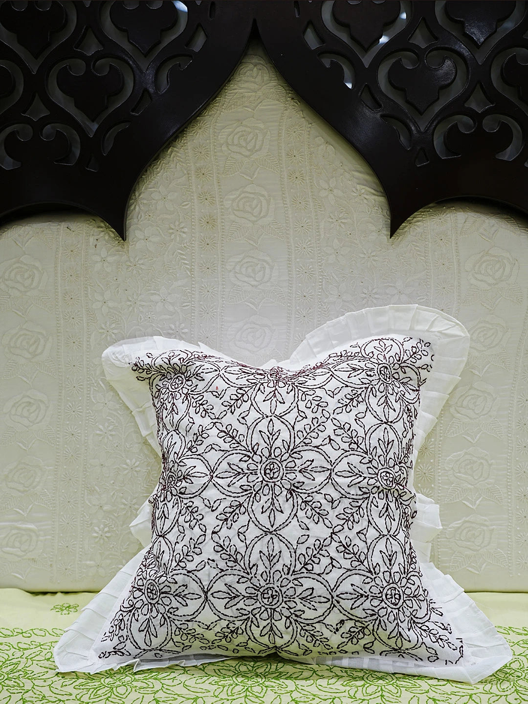 Ada Hand Embroidered White Cotton Lucknowi Chikankari Cushion Cover 01A505502
