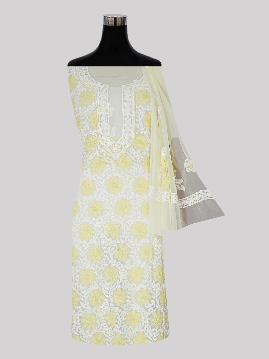 Ada Hand Embroidered Lemon Georgette Lucknowi Chikankari Unstitched Suit Piece 01A545507