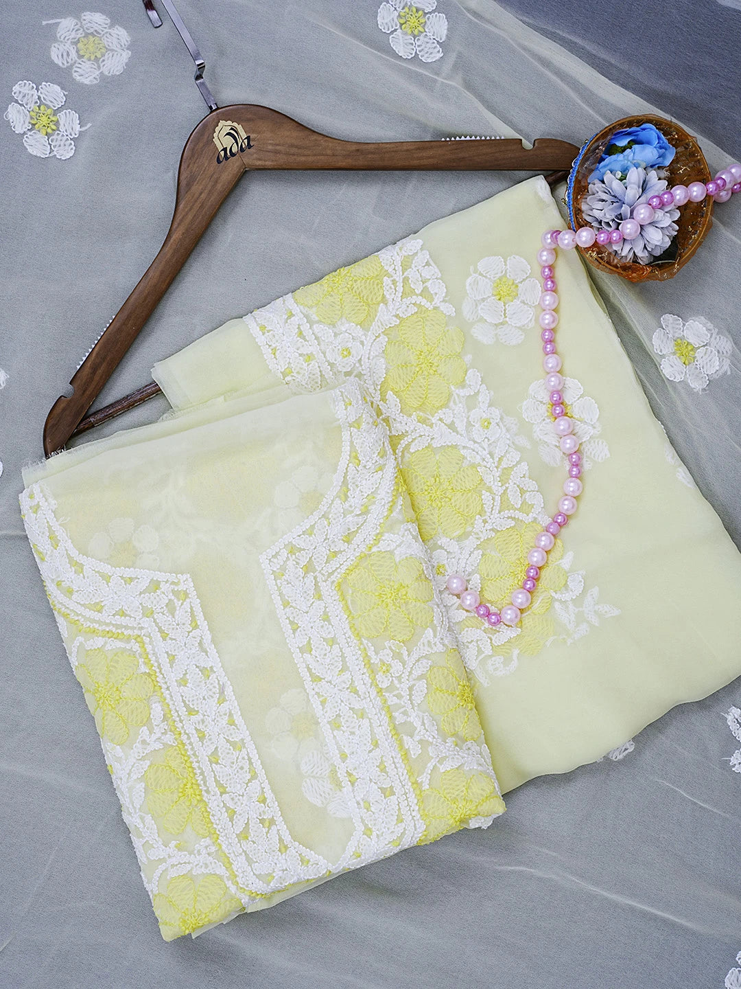 Ada Hand Embroidered Lemon Georgette Lucknowi Chikankari Unstitched Suit Piece 01A545507