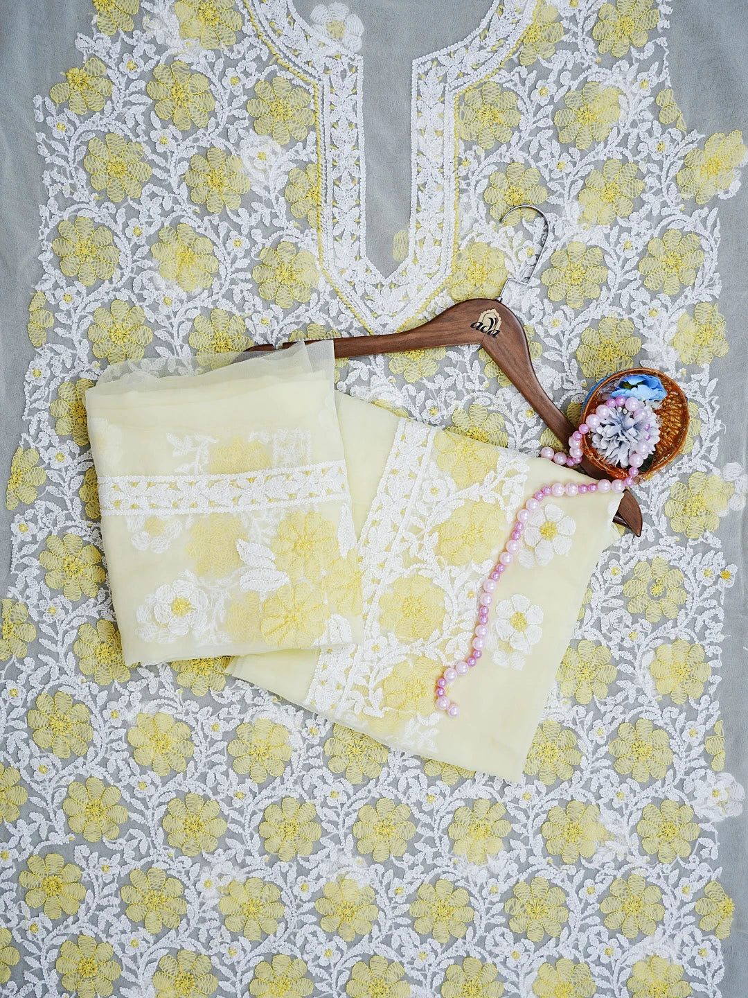 Ada Hand Embroidered Lemon Georgette Lucknowi Chikankari Unstitched Suit Piece 01A545507