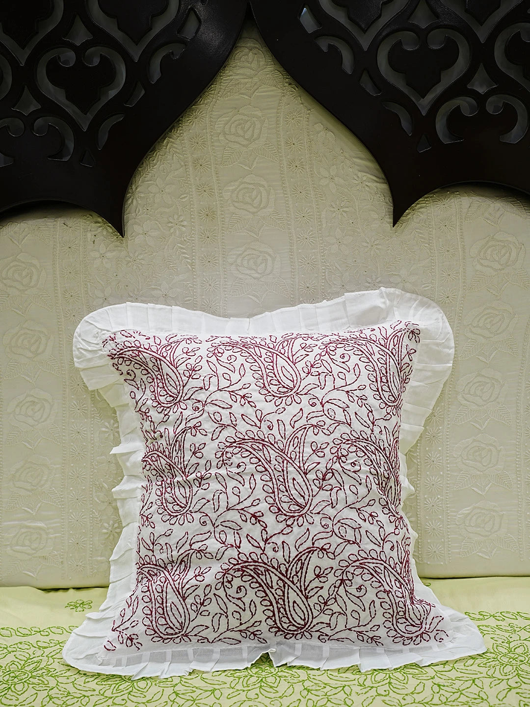 Ada Hand Embroidered White Cotton Lucknowi Chikankari Cushion Cover 01A505531