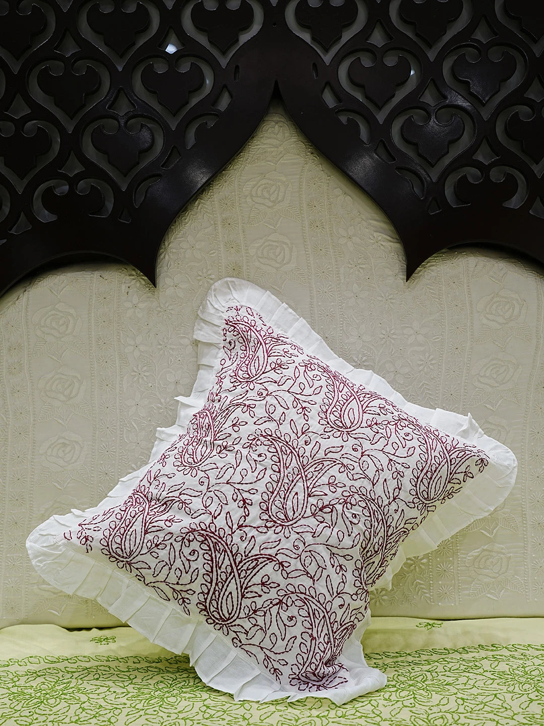Ada Hand Embroidered White Cotton Lucknowi Chikankari Cushion Cover 01A505531