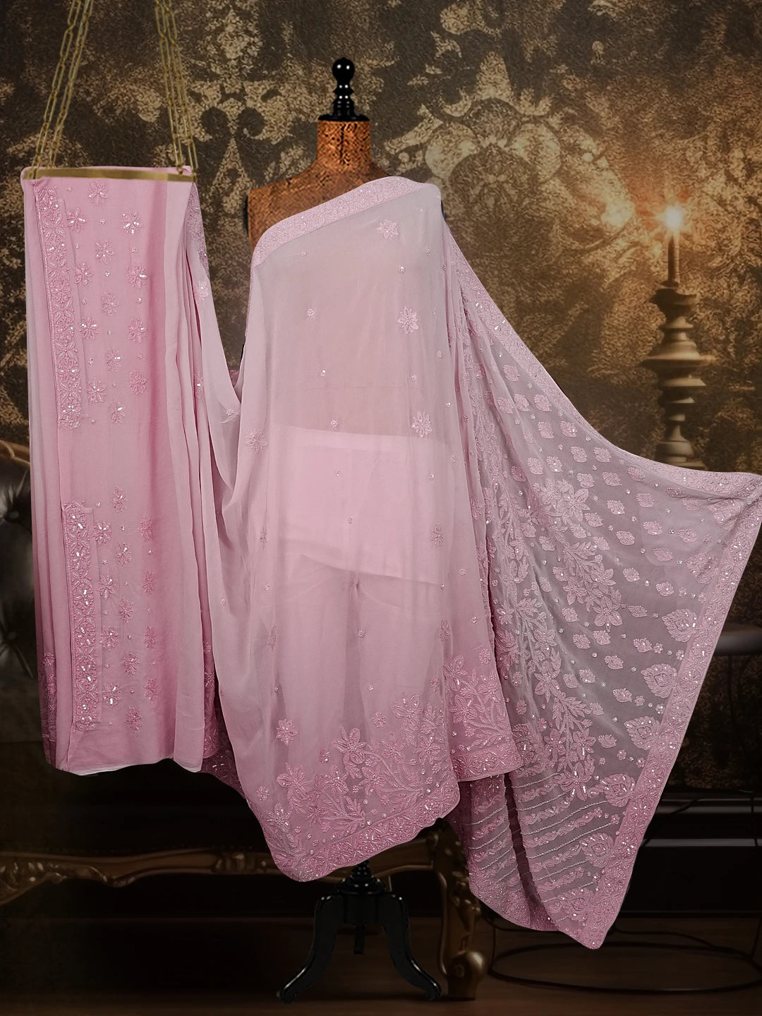 Ada Hand Embroidered Lavender Viscose Georgette Lucknowi Chikankari Saree With Blouse And Sequins Work 01A382719