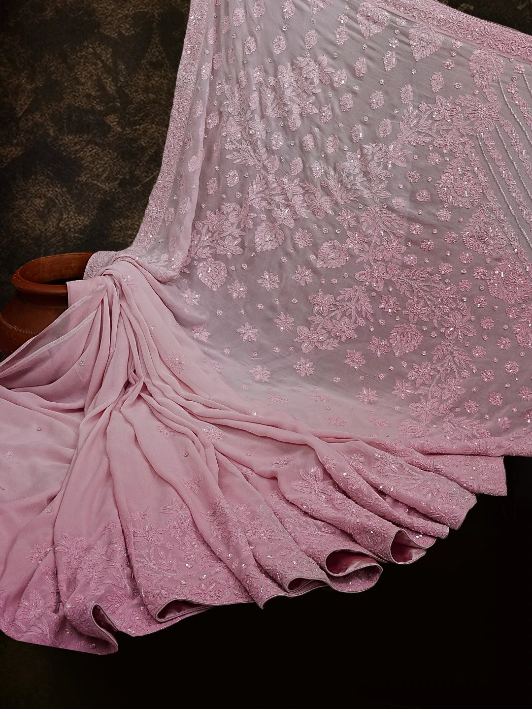 Ada Hand Embroidered Lavender Viscose Georgette Lucknowi Chikankari Saree With Blouse And Sequins Work 01A382719