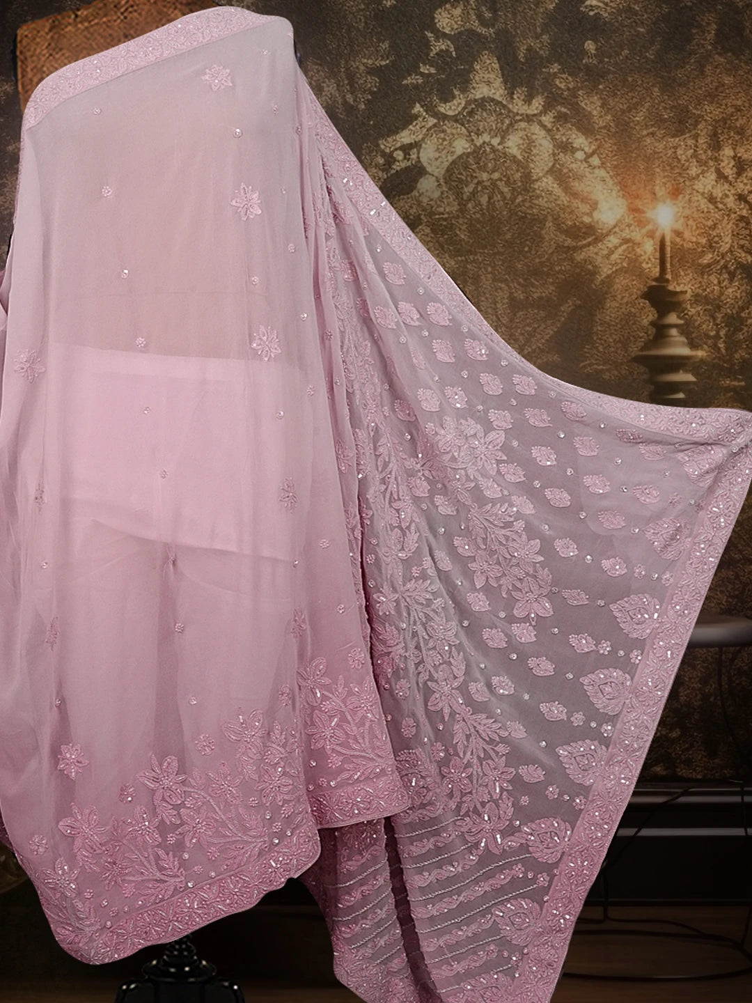 Ada Hand Embroidered Lavender Viscose Georgette Lucknowi Chikankari Saree With Blouse And Sequins Work 01A382719