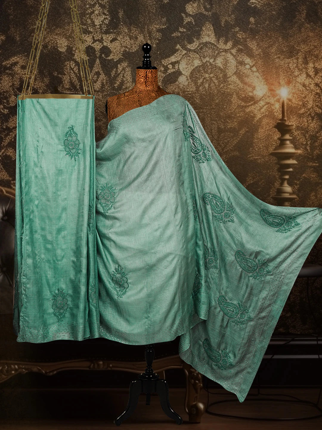 Ada Hand Embroidered Teal Green Silk Lucknowi Chikankari Saree/ Blouse With Muqaish Work 01A545793