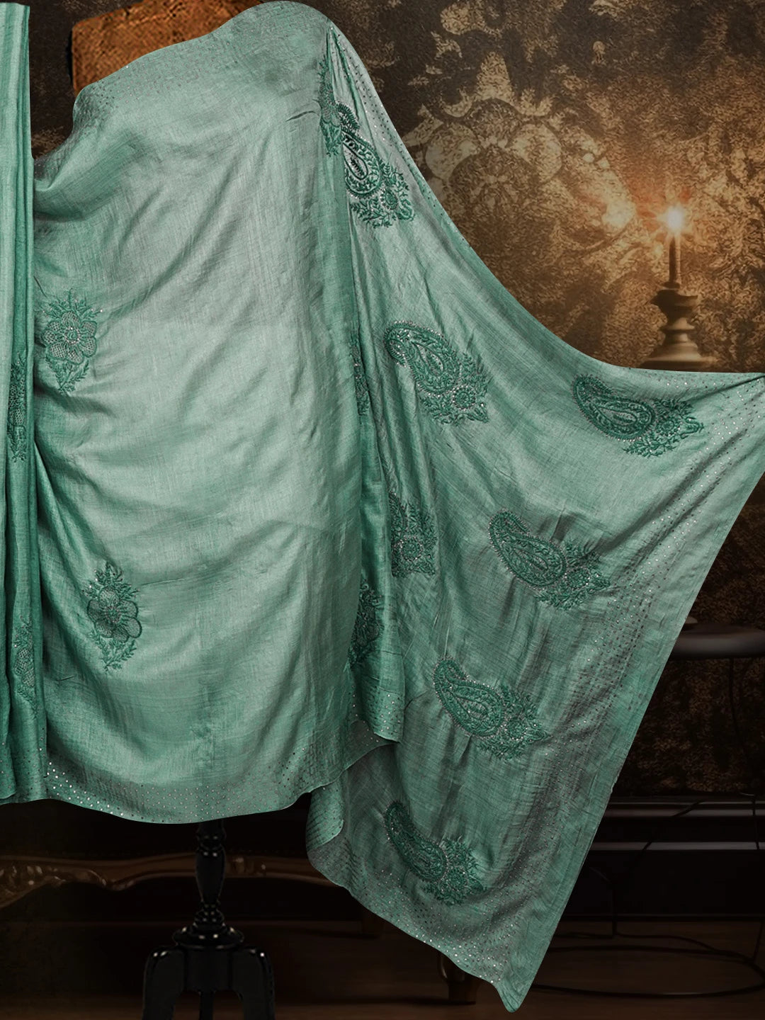 Ada Hand Embroidered Teal Green Silk Lucknowi Chikankari Saree/ Blouse With Muqaish Work 01A545793
