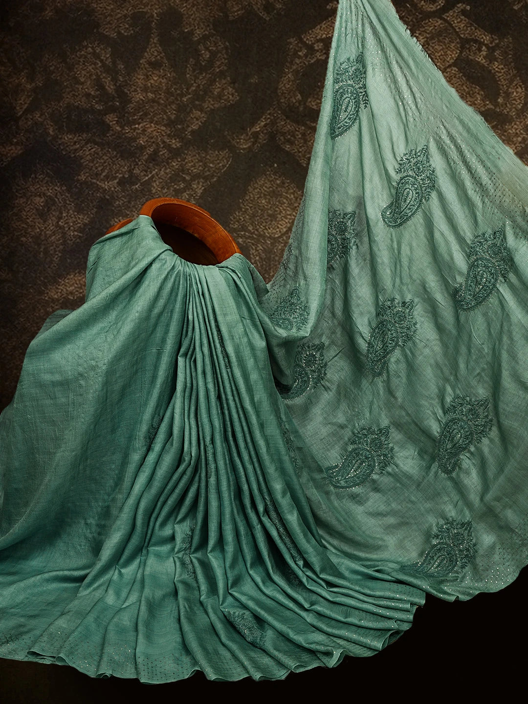 Ada Hand Embroidered Teal Green Silk Lucknowi Chikankari Saree/ Blouse With Muqaish Work 01A545793
