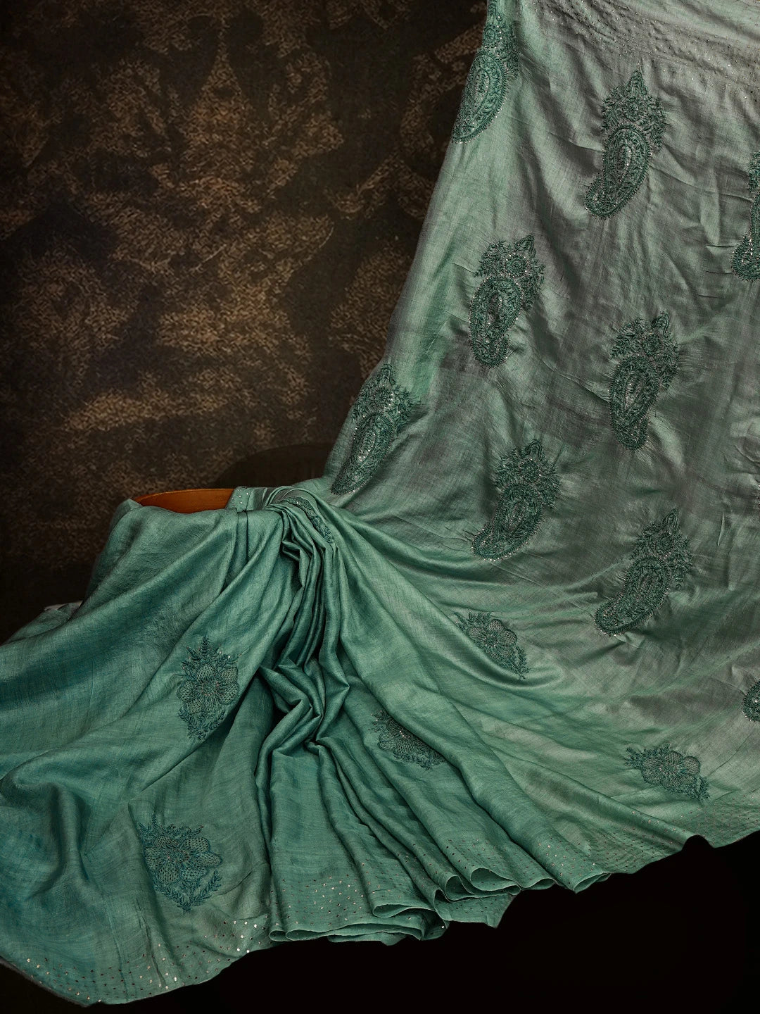 Ada Hand Embroidered Teal Green Silk Lucknowi Chikankari Saree/ Blouse With Muqaish Work 01A545793