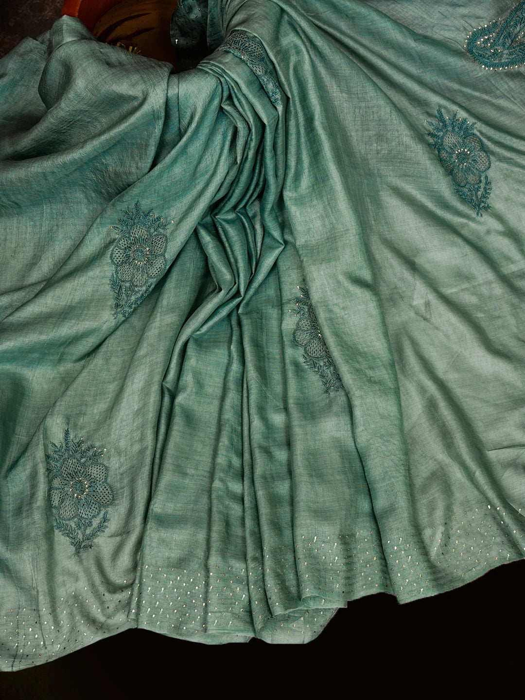 Ada Hand Embroidered Teal Green Silk Lucknowi Chikankari Saree/ Blouse With Muqaish Work 01A545793