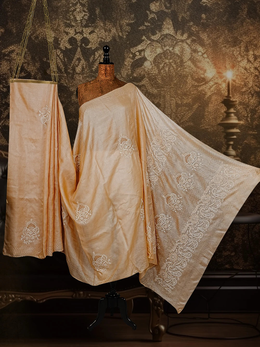 Ada Hand Embroidered Dark Fawn Silk Lucknowi Chikankari Saree /Blouse With Muqaish Work 01A545799