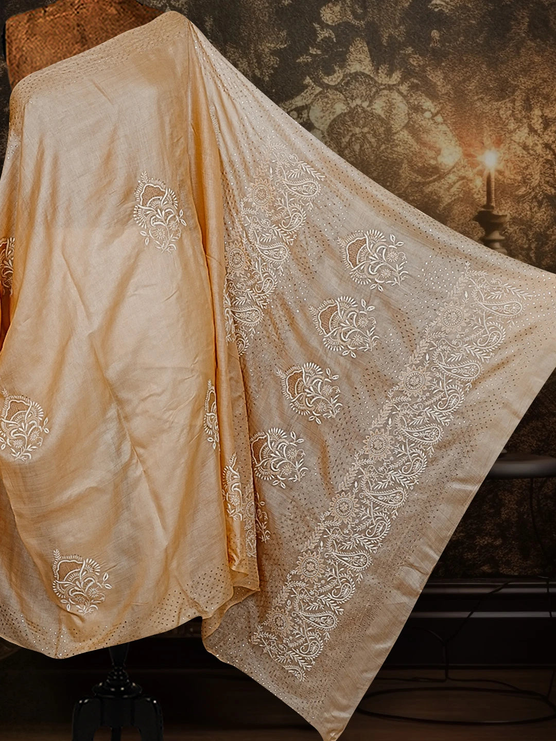 Ada Hand Embroidered Dark Fawn Silk Lucknowi Chikankari Saree /Blouse With Muqaish Work 01A545799