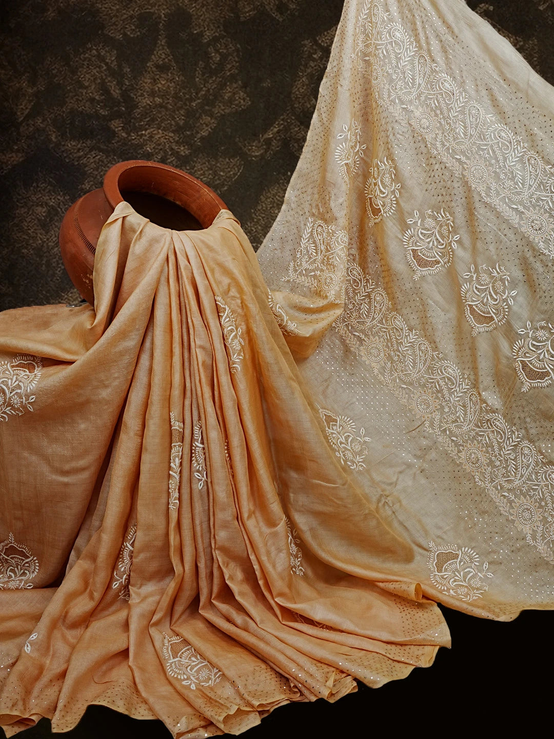 Ada Hand Embroidered Dark Fawn Silk Lucknowi Chikankari Saree /Blouse With Muqaish Work 01A545799