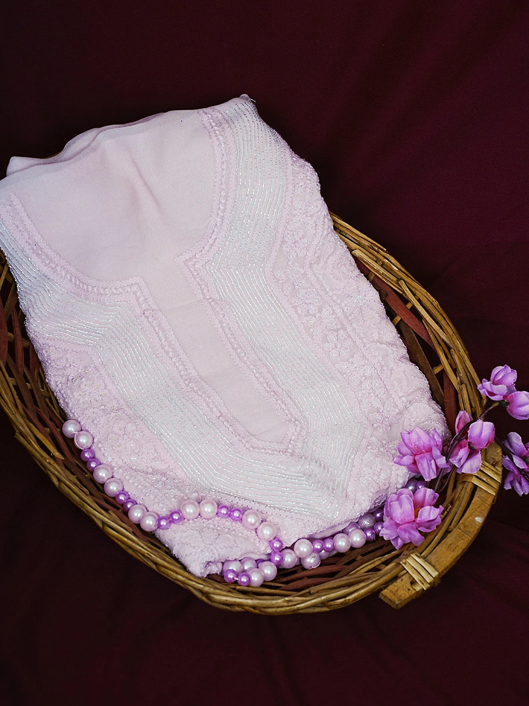 Ada Hand Embroidered Pink Viscose Georgette Lucknowi Chikankari Unstitched Kurta Piece With Cutdana Work 01A435770