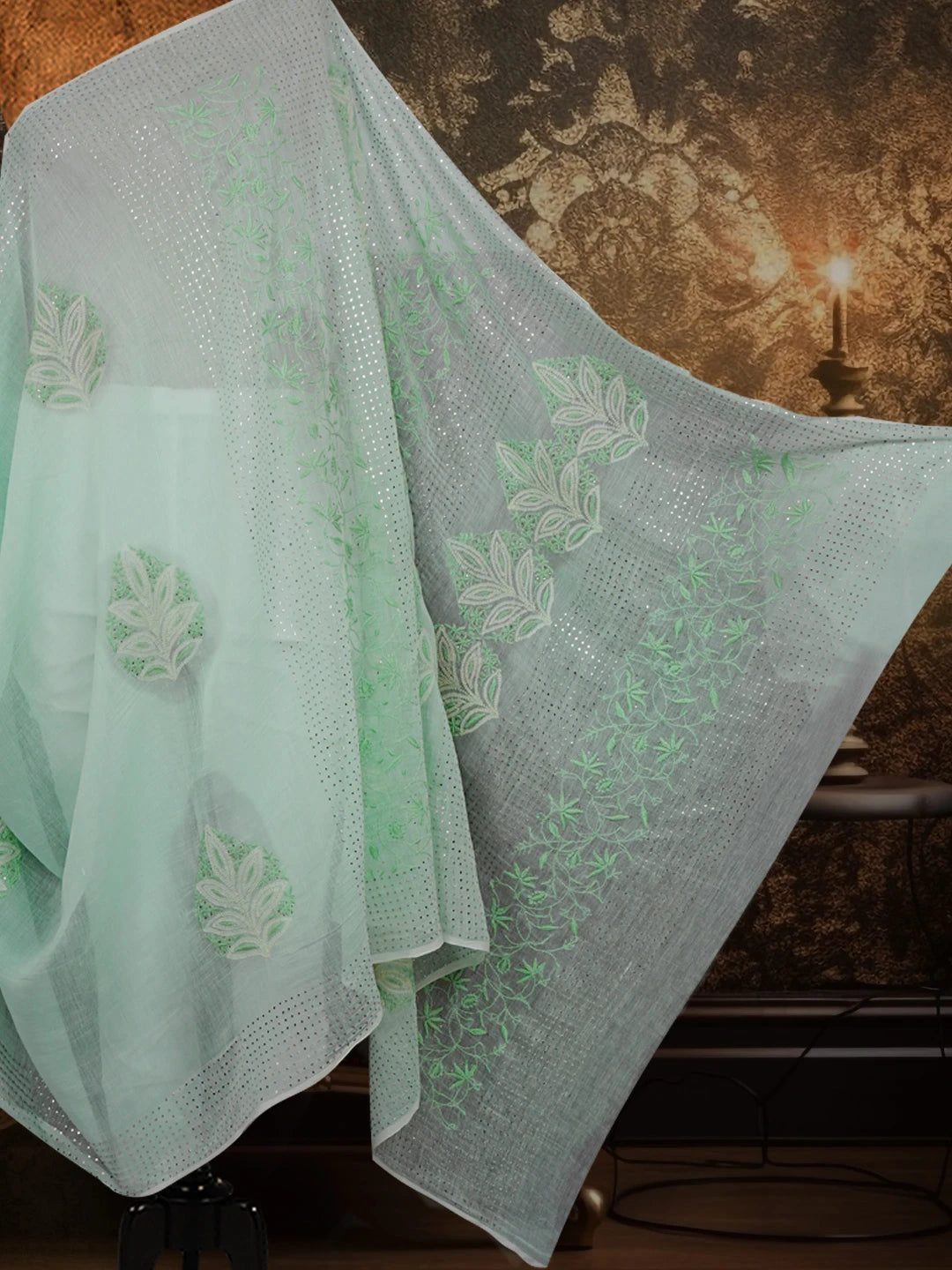 Ada Hand Embroidered Sea Green Chanderi Lucknowi Chikankari Saree / Blouse With Muqaish Work 01A545696