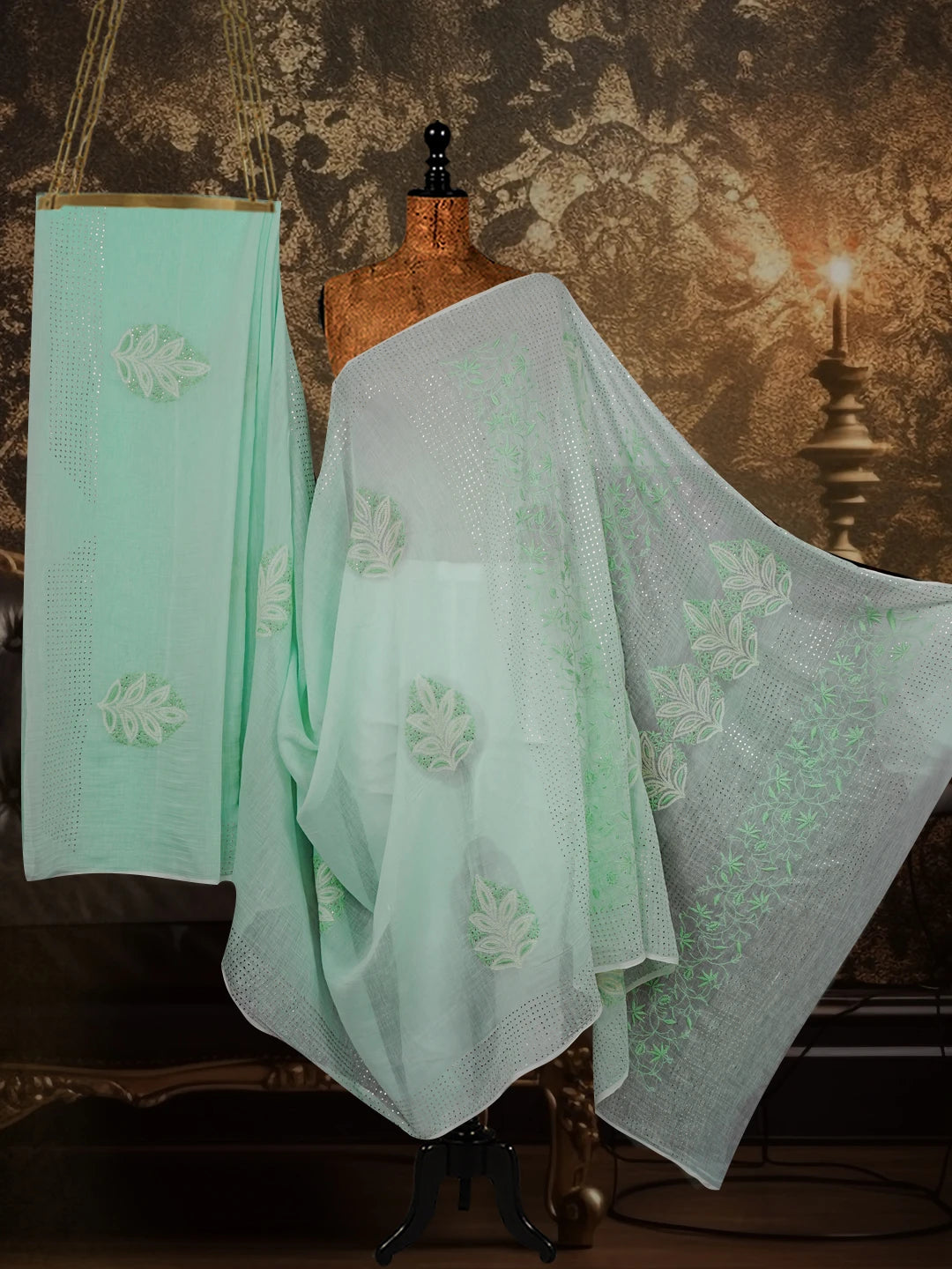 Ada Hand Embroidered Sea Green Chanderi Lucknowi Chikankari Saree / Blouse With Muqaish Work 01A545696