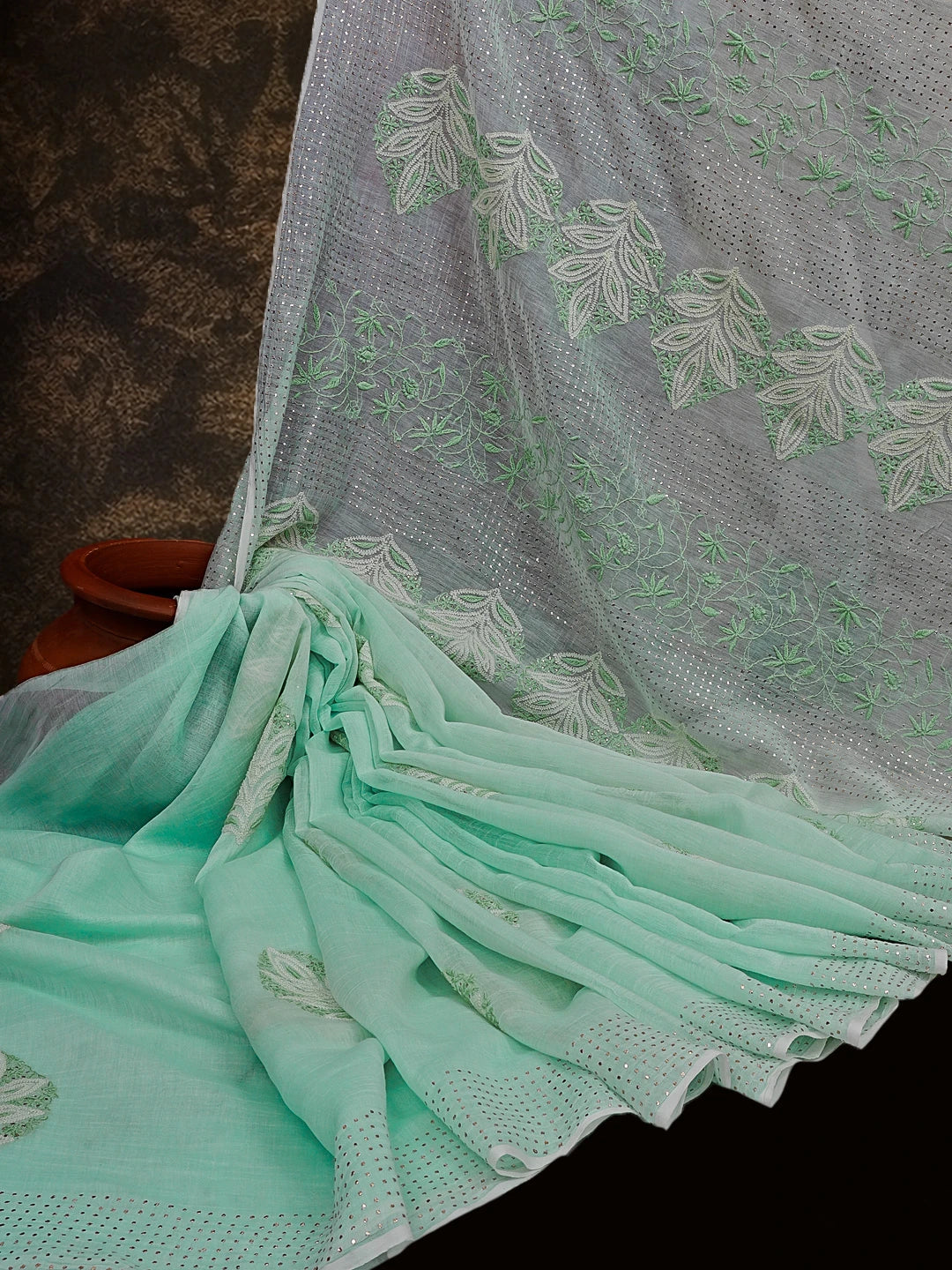 Ada Hand Embroidered Sea Green Chanderi Lucknowi Chikankari Saree / Blouse With Muqaish Work 01A545696