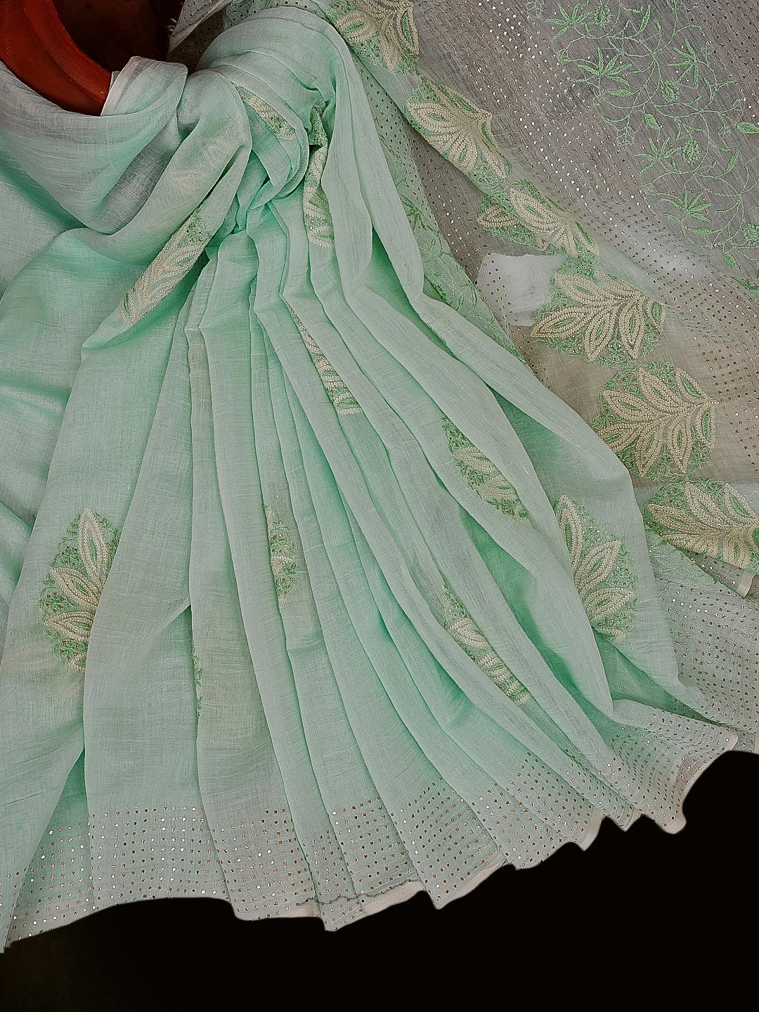 Ada Hand Embroidered Sea Green Chanderi Lucknowi Chikankari Saree / Blouse With Muqaish Work 01A545696