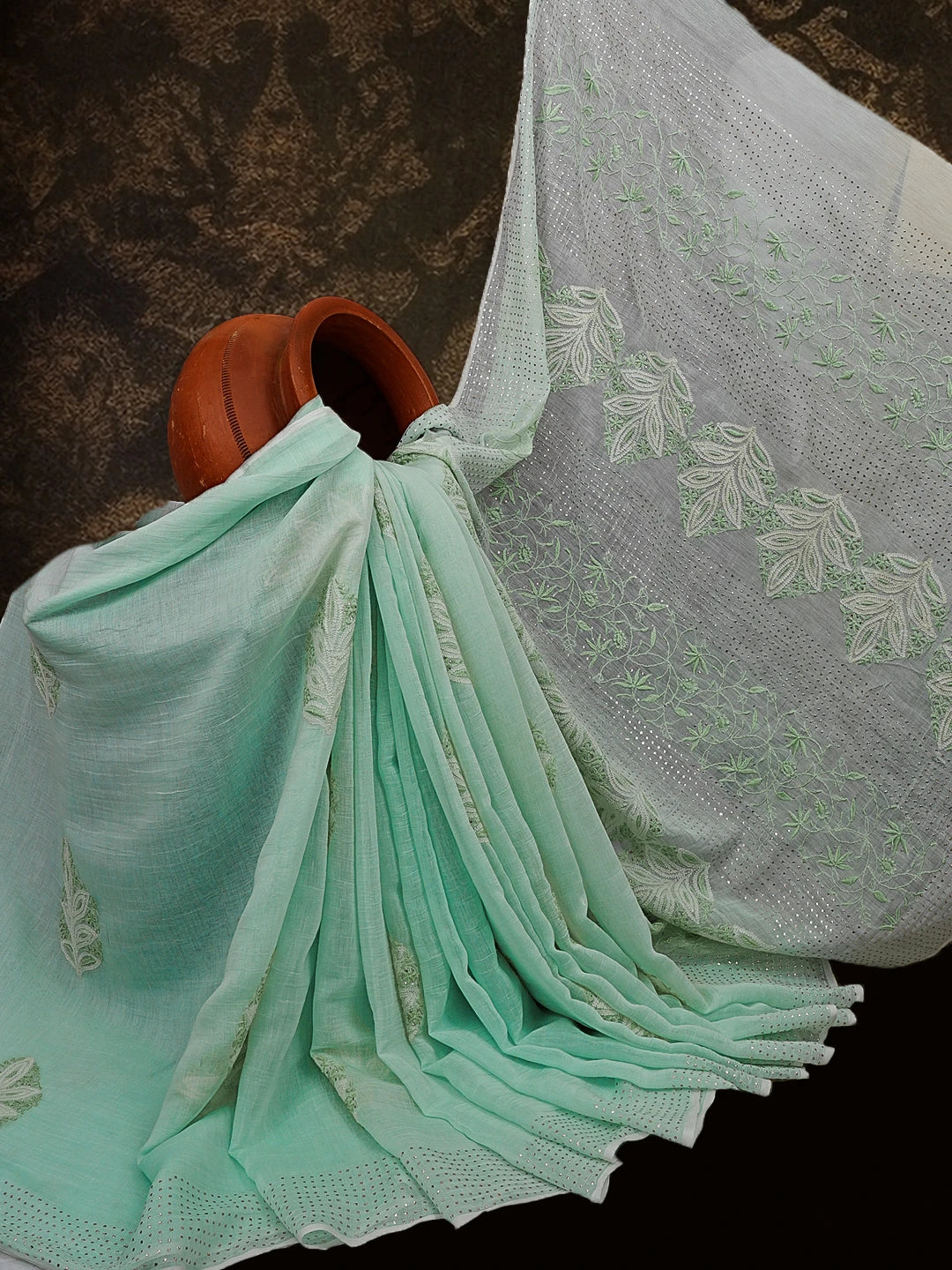 Ada Hand Embroidered Sea Green Chanderi Lucknowi Chikankari Saree / Blouse With Muqaish Work 01A545696