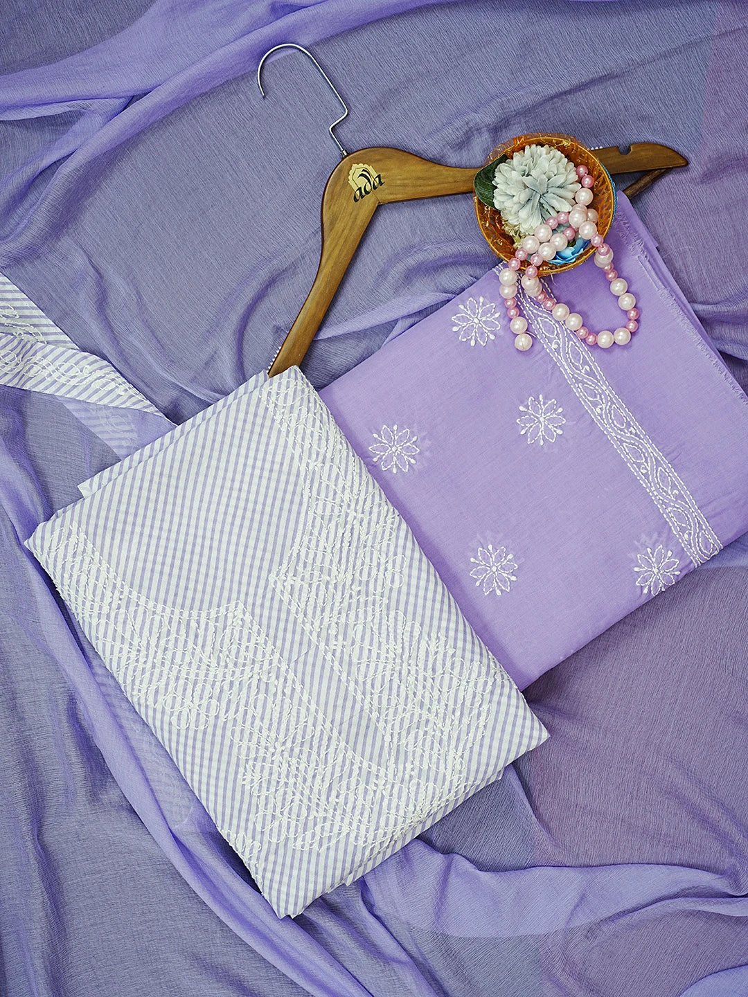 Ada Hand Embroidered Mauve And White Cotton Lucknowi Chikankari Unstitched Suit Piece 01A488578