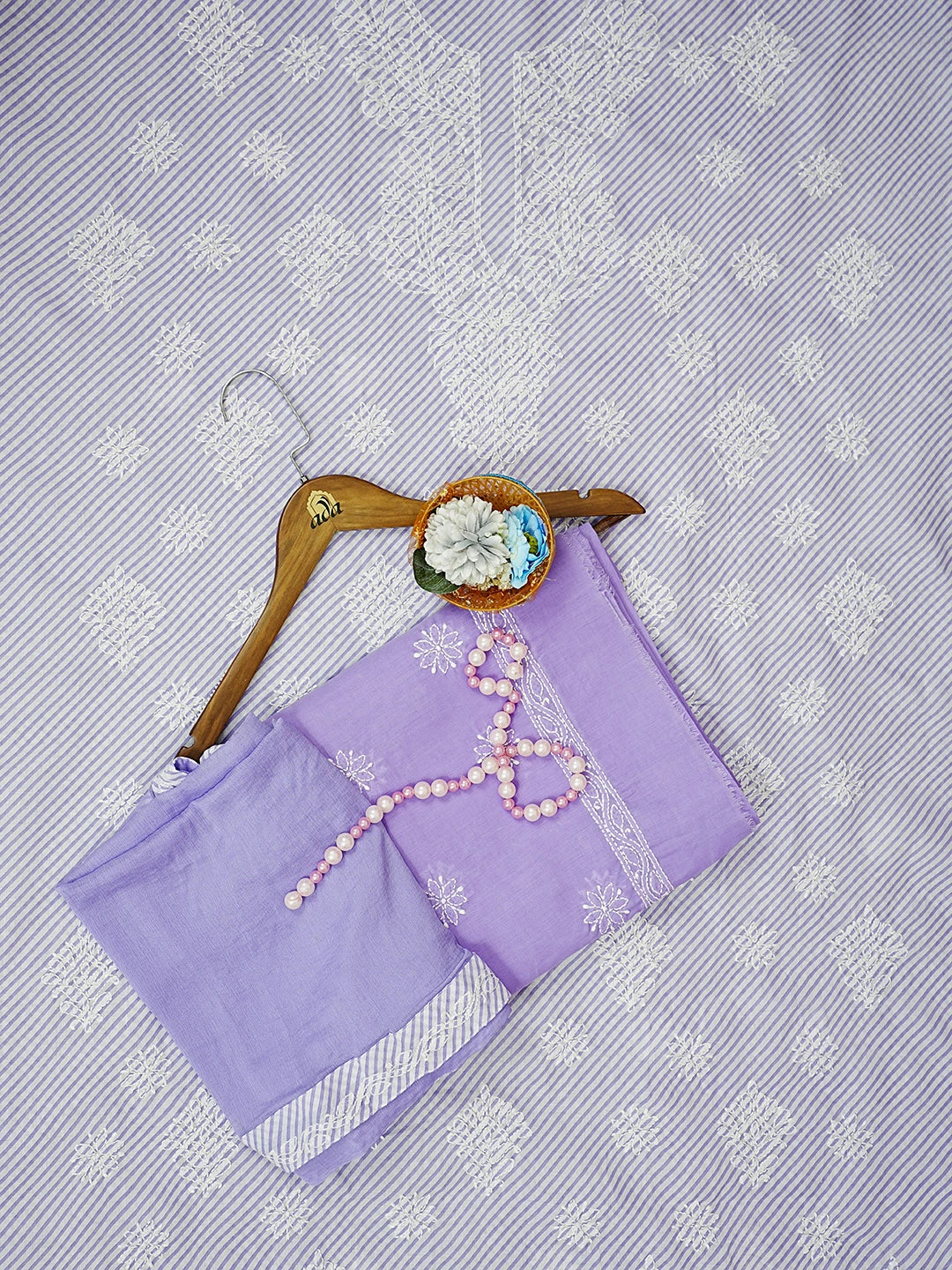 Ada Hand Embroidered Mauve And White Cotton Lucknowi Chikankari Unstitched Suit Piece 01A488578