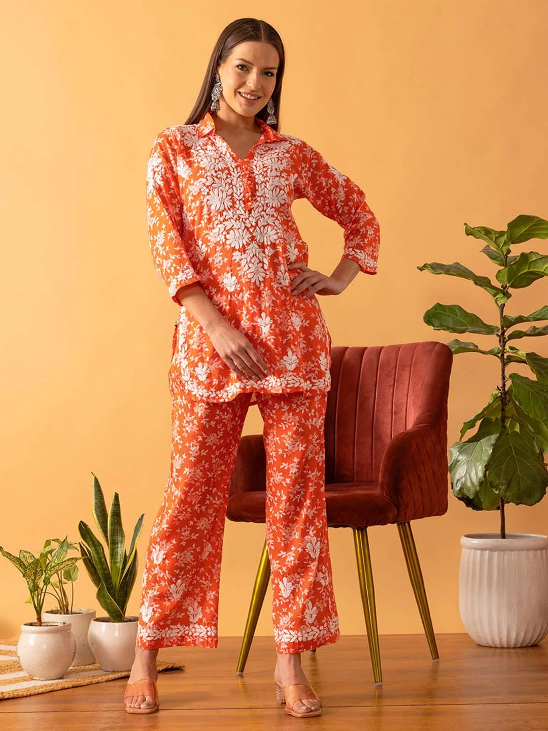 Ada Hand Embroidered Floral Printed Orange Cotton Lucknowi Chikankari Co-Ord Set A811261