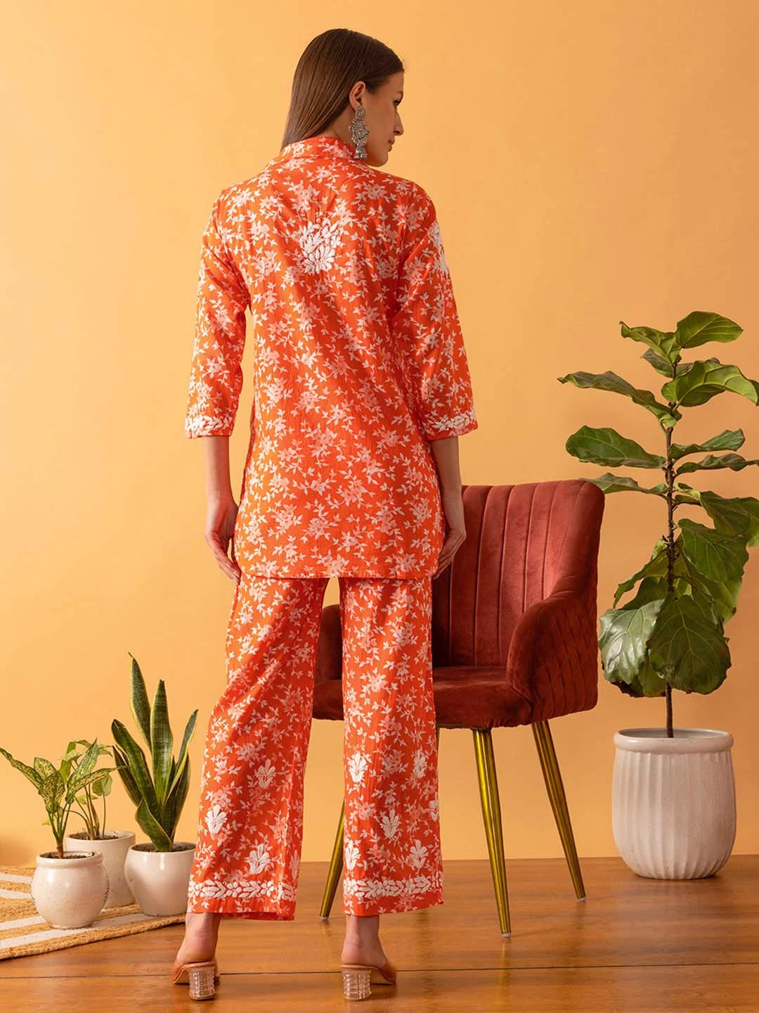 Ada Hand Embroidered Floral Printed Orange Cotton Lucknowi Chikankari Co-Ord Set A811261