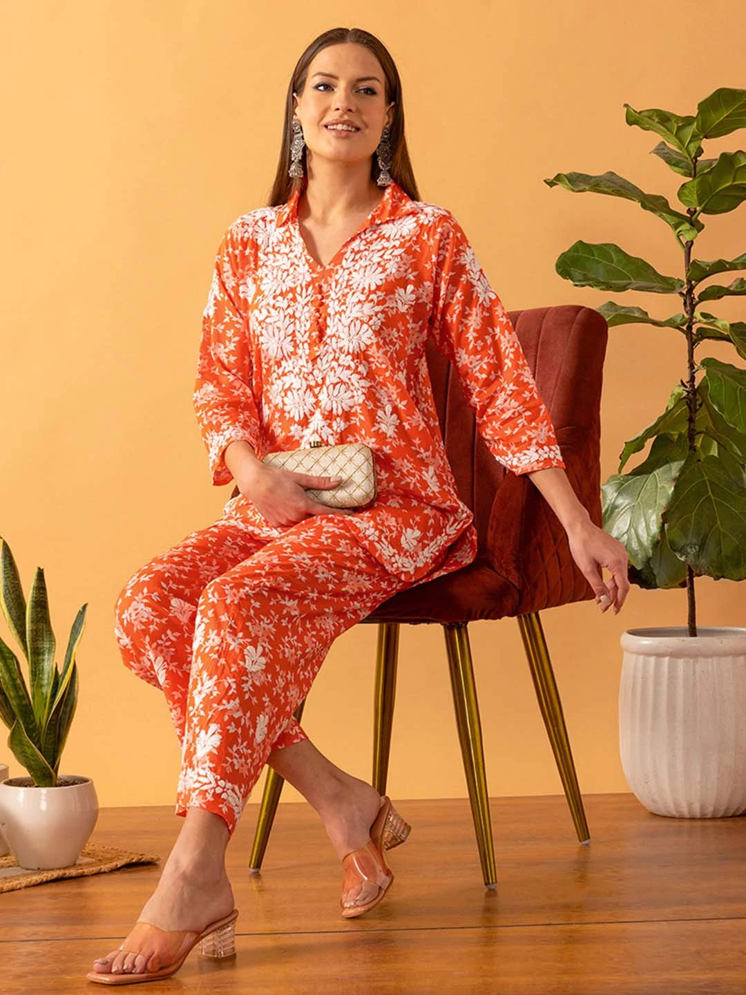 Ada Hand Embroidered Floral Printed Orange Cotton Lucknowi Chikankari Co-Ord Set A811261