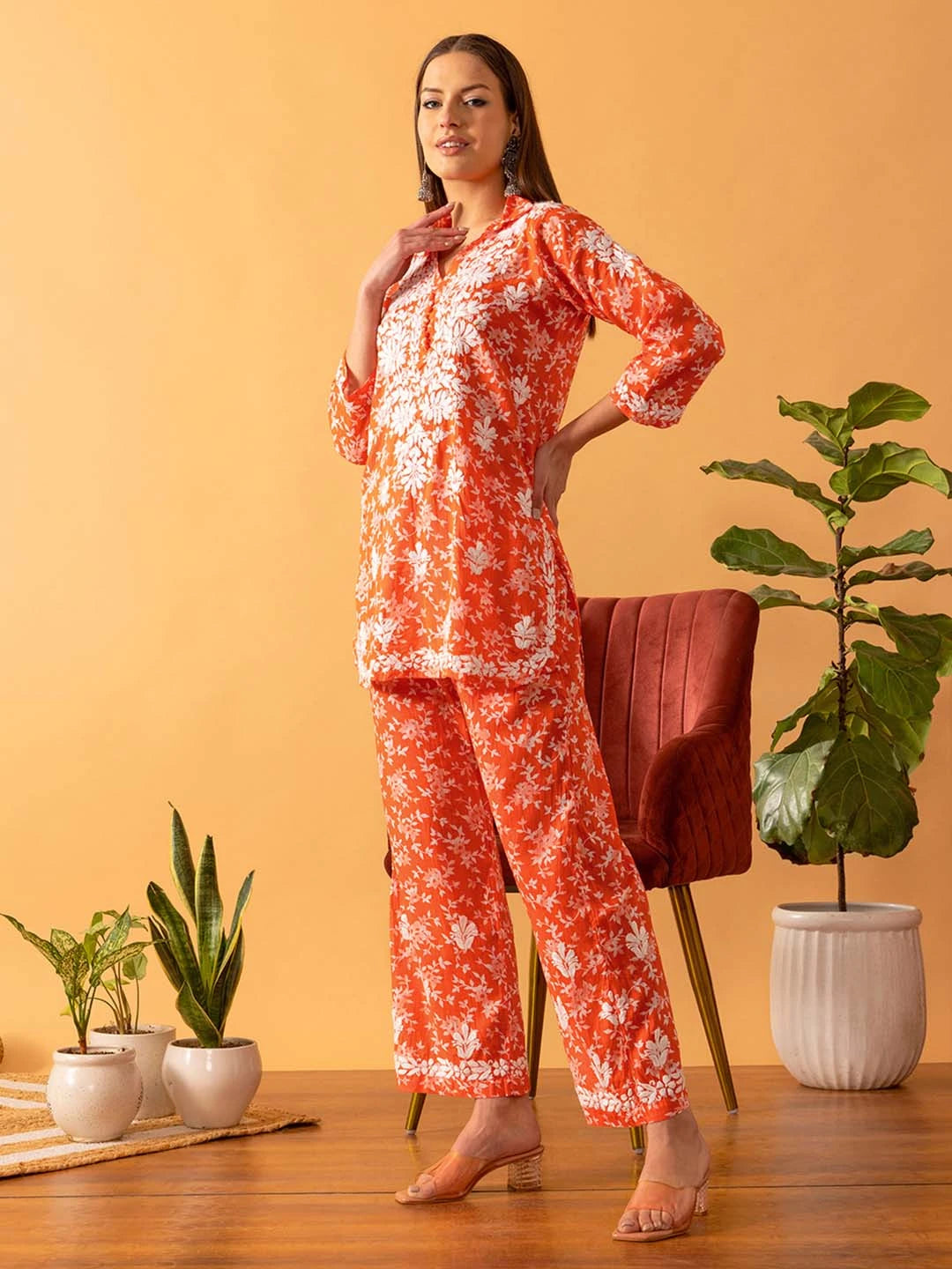 Ada Hand Embroidered Floral Printed Orange Cotton Lucknowi Chikankari Co-Ord Set A811261