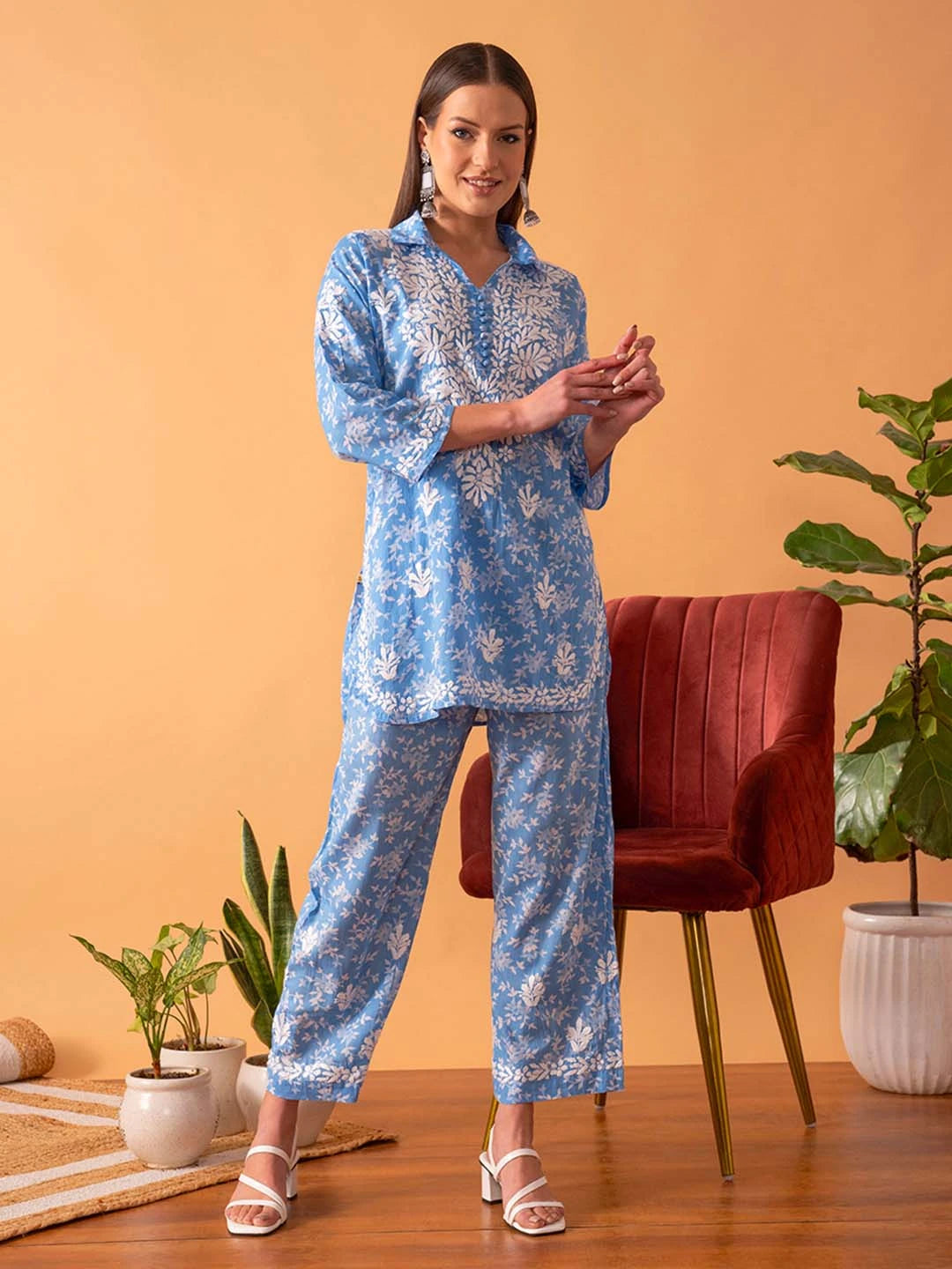 Ada Hand Embroidered Floral Printed Blue Cotton Lucknowi Chikankari Co-Ord Set A811262