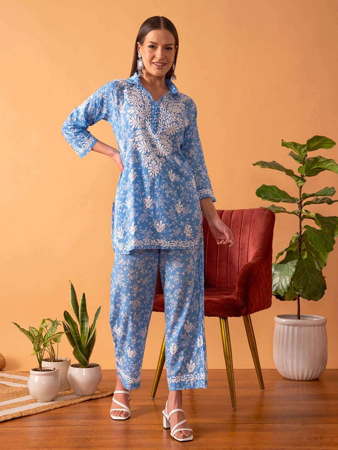 Ada Hand Embroidered Floral Printed Blue Cotton Lucknowi Chikankari Co-Ord Set A811262