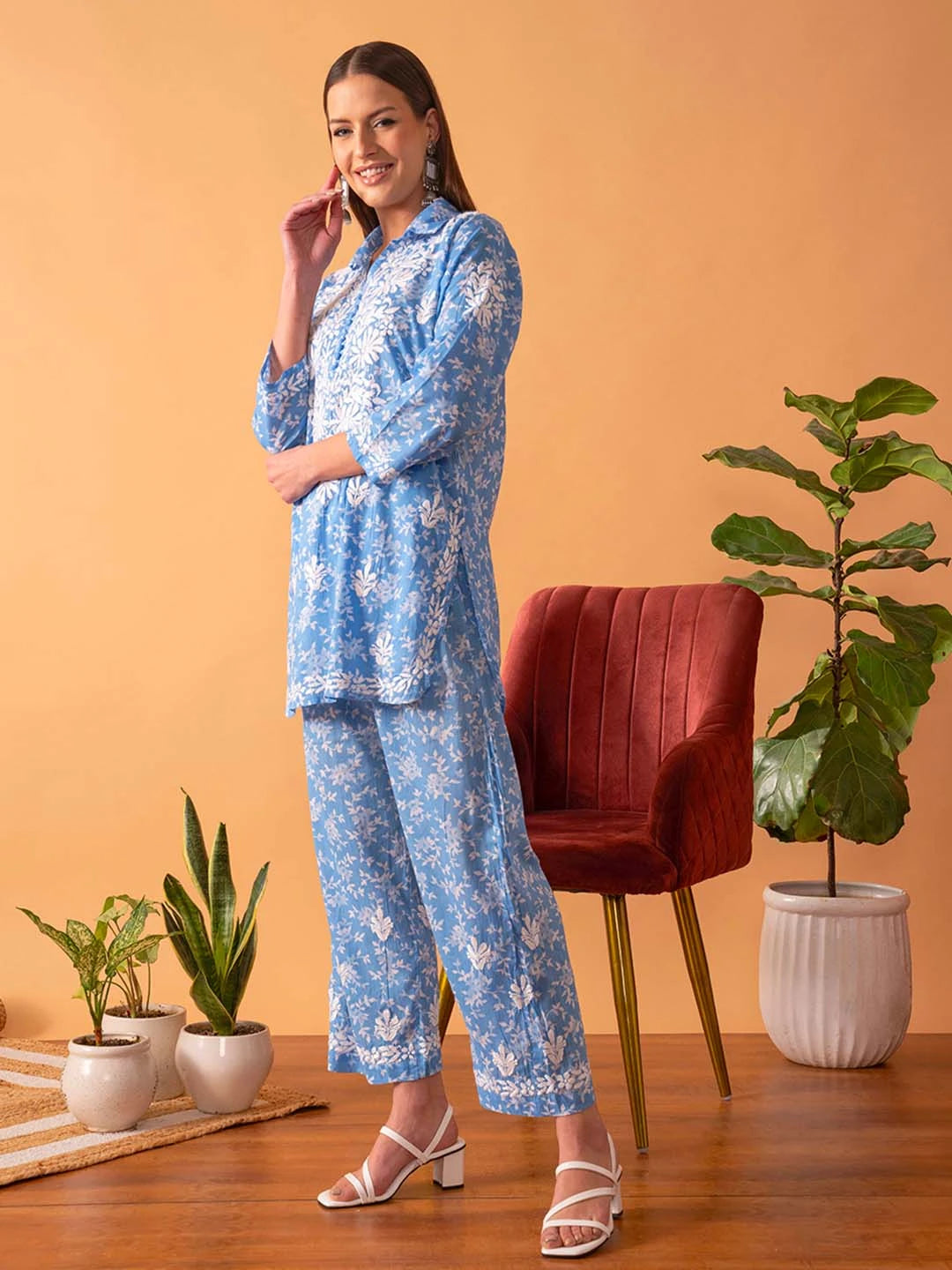 Ada Hand Embroidered Floral Printed Blue Cotton Lucknowi Chikankari Co-Ord Set A811262
