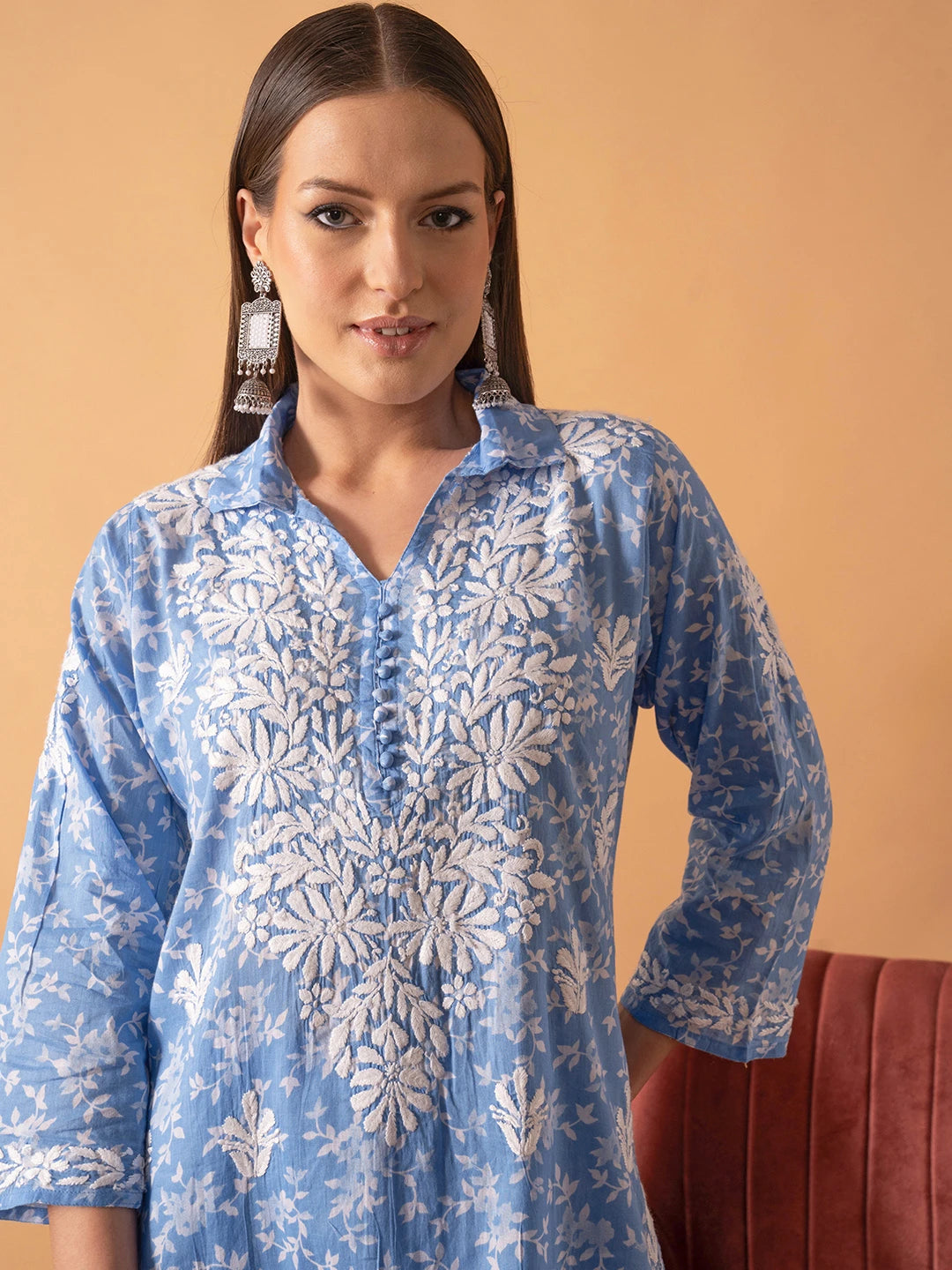 Ada Hand Embroidered Floral Printed Blue Cotton Lucknowi Chikankari Co-Ord Set A811262