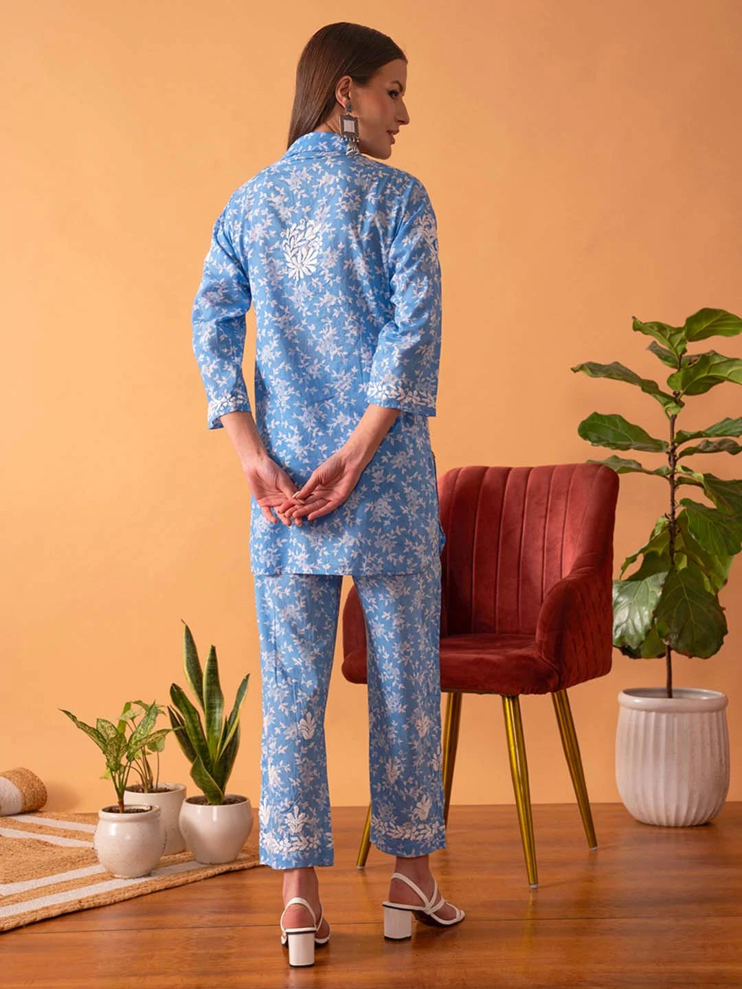 Ada Hand Embroidered Floral Printed Blue Cotton Lucknowi Chikankari Co-Ord Set A811262