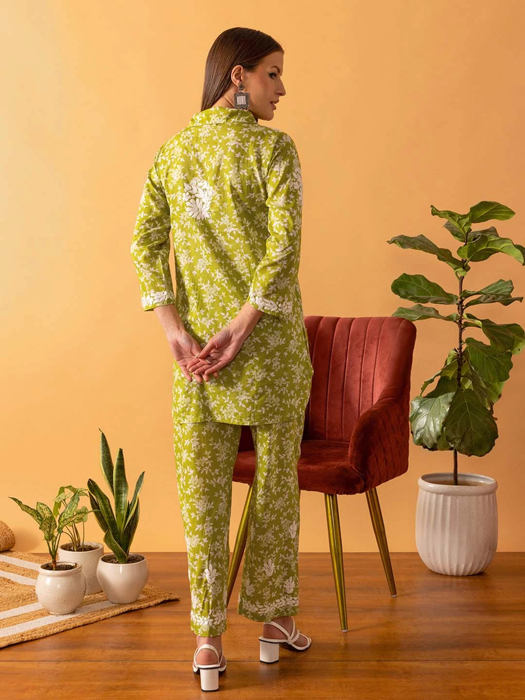 Ada Hand Embroidered Floral Printed Green Cotton Lucknowi Chikankari Co-Ord Set A811264