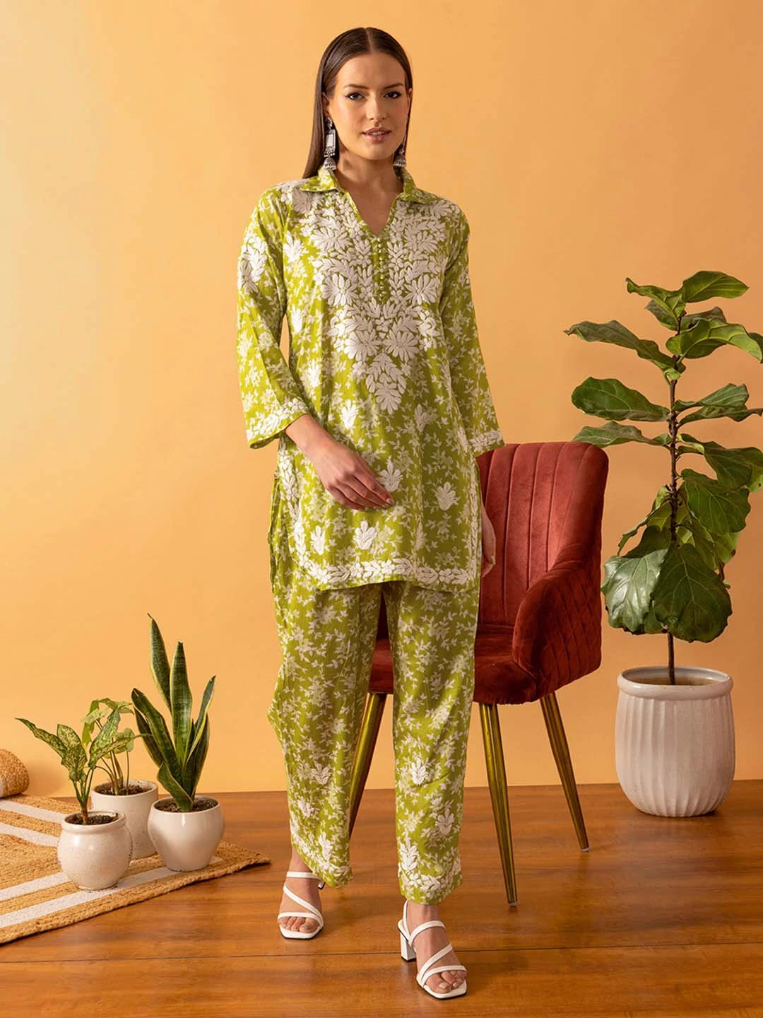 Ada Hand Embroidered Floral Printed Green Cotton Lucknowi Chikankari Co-Ord Set A811264